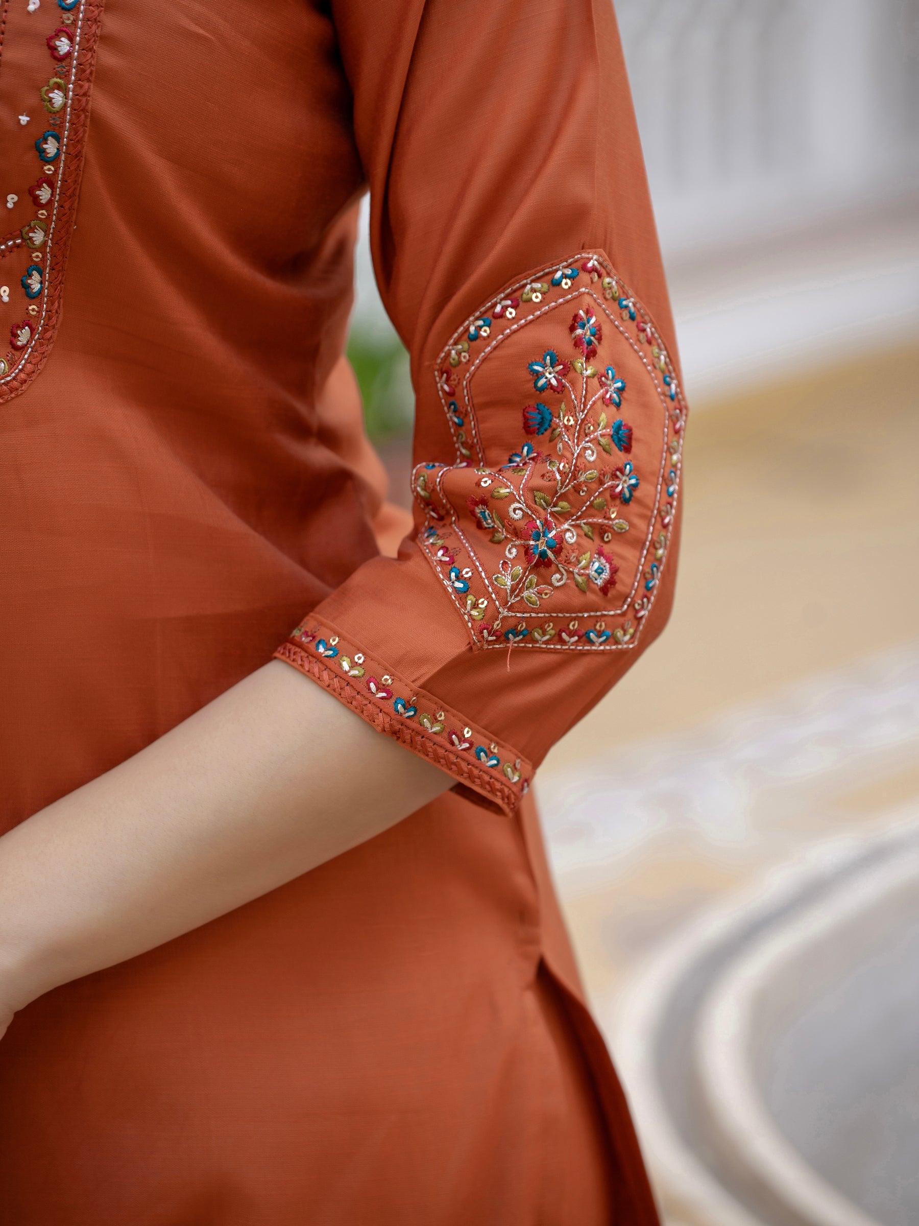 Lorenvalley Fashion Rust Viscose Mango Silk Multi Embroidery Sequins With Hand Work Kurta Pant Dupatta