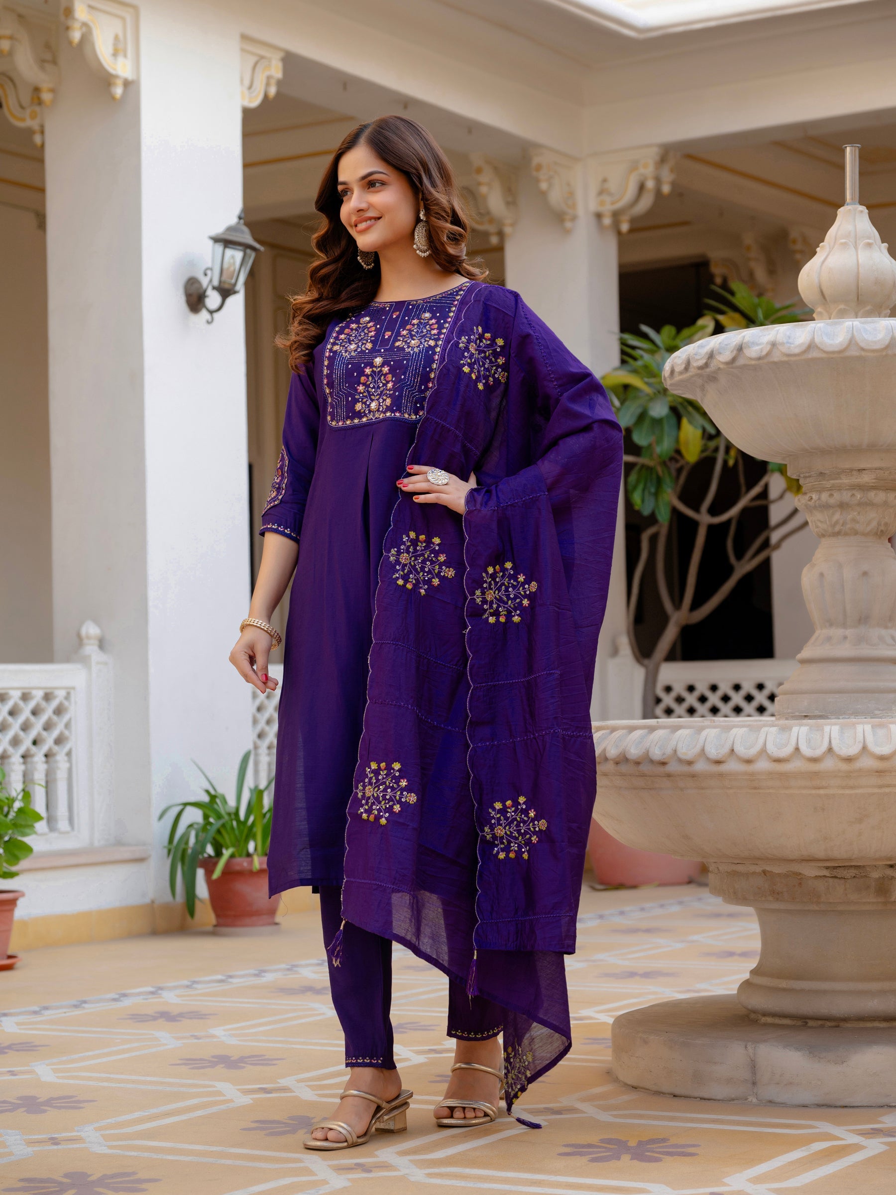 Lorenvalley Fashion Violet Viscose Mango Silk Multi Embroidery Sequins With Hand Work Kurta Pant Dupatta