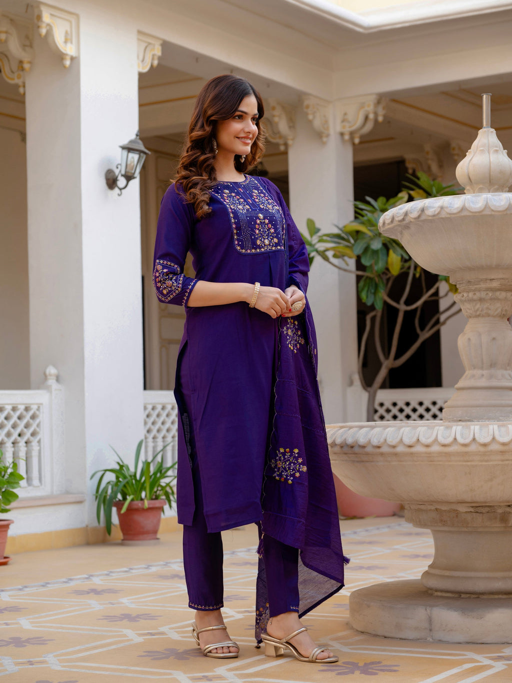 Lorenvalley Fashion Violet Viscose Mango Silk Multi Embroidery Sequins With Hand Work Kurta Pant Dupatta