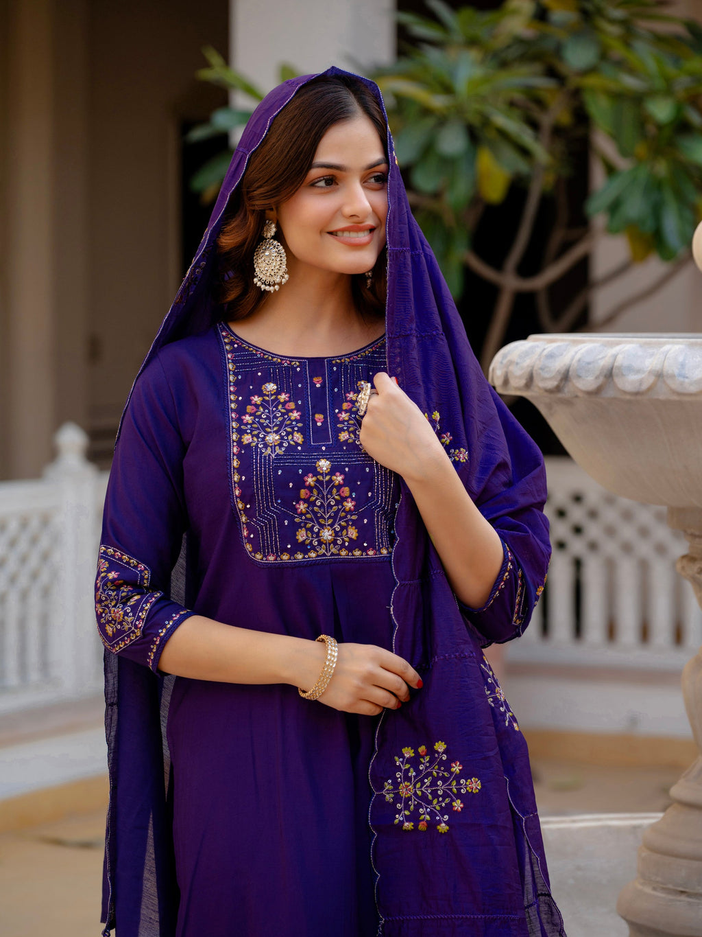 Lorenvalley Fashion Violet Viscose Mango Silk Multi Embroidery Sequins With Hand Work Kurta Pant Dupatta