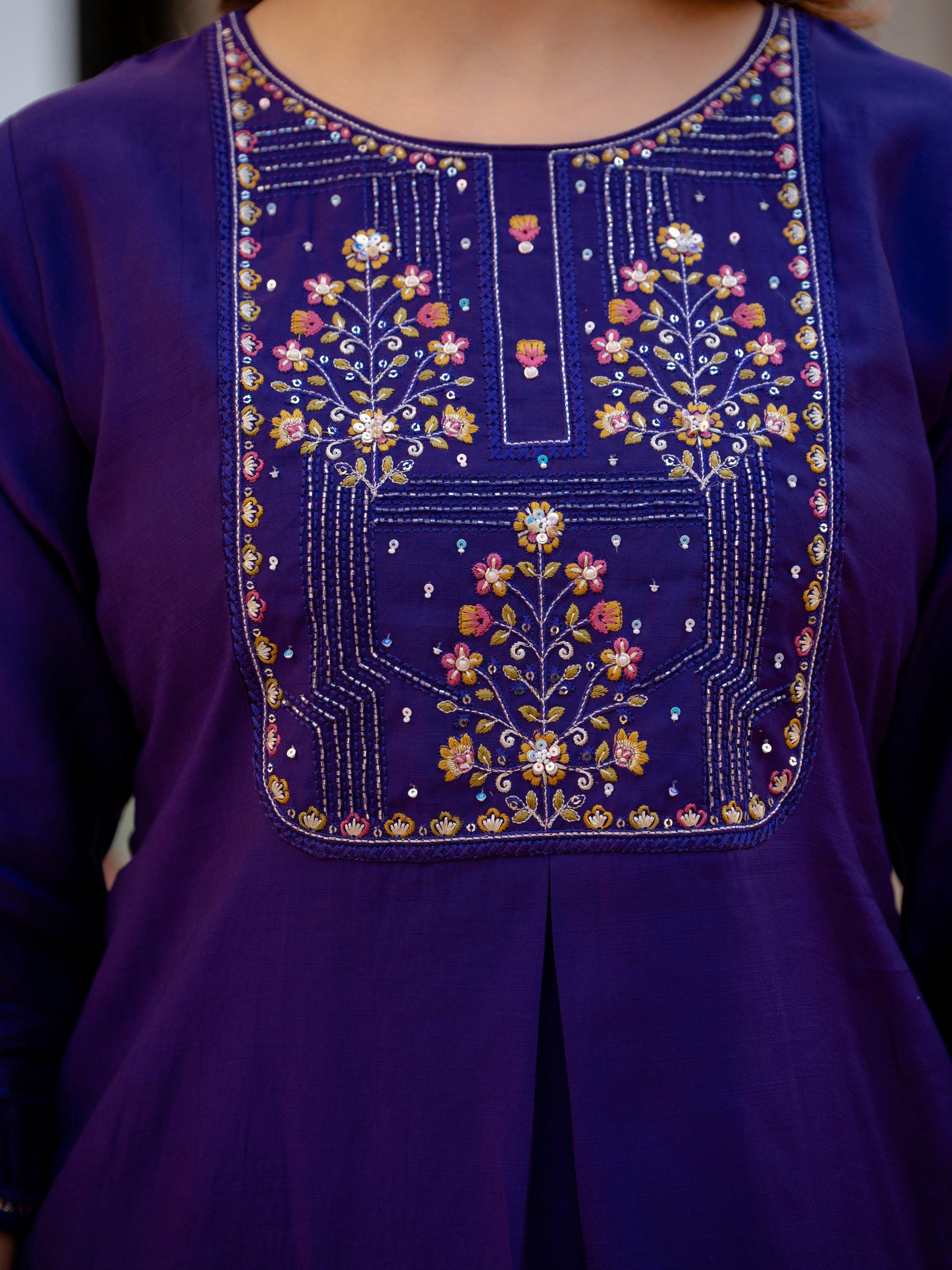 Lorenvalley Fashion Violet Viscose Mango Silk Multi Embroidery Sequins With Hand Work Kurta Pant Dupatta
