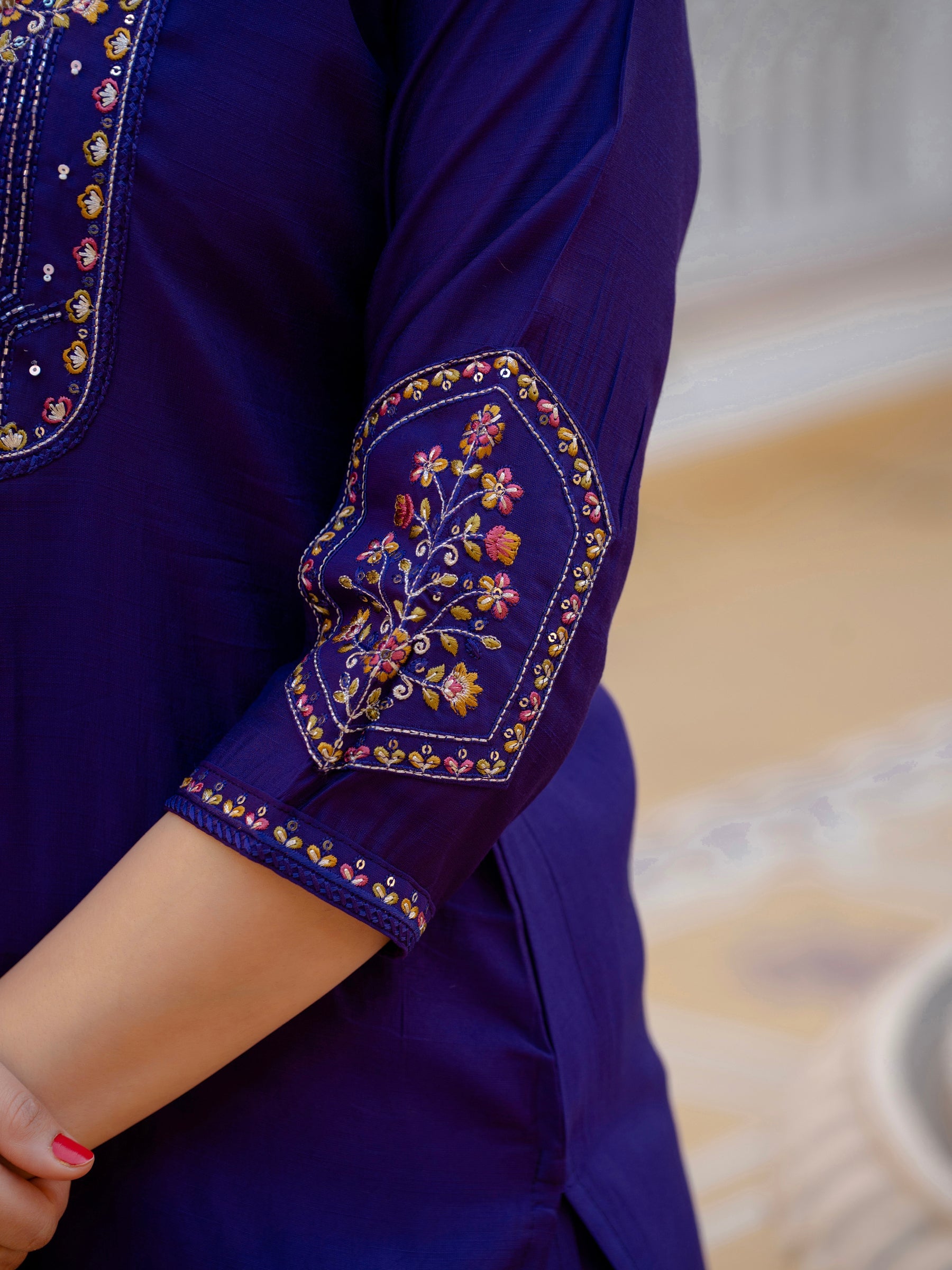 Lorenvalley Fashion Violet Viscose Mango Silk Multi Embroidery Sequins With Hand Work Kurta Pant Dupatta