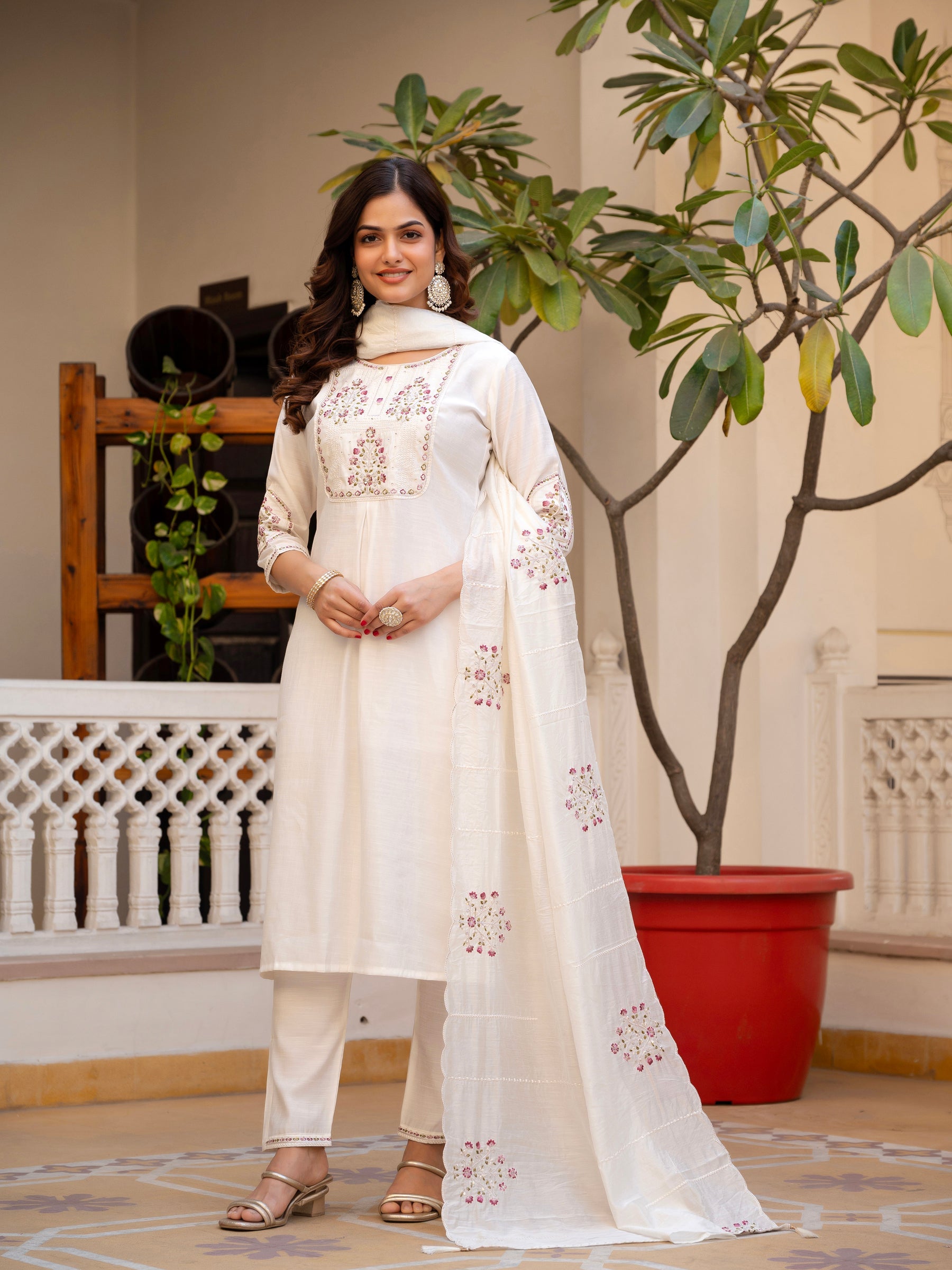 Lorenvalley Fashion White Viscose Mango Silk Multi Embroidery Sequins With Hand Work Kurta Pant Dupatta