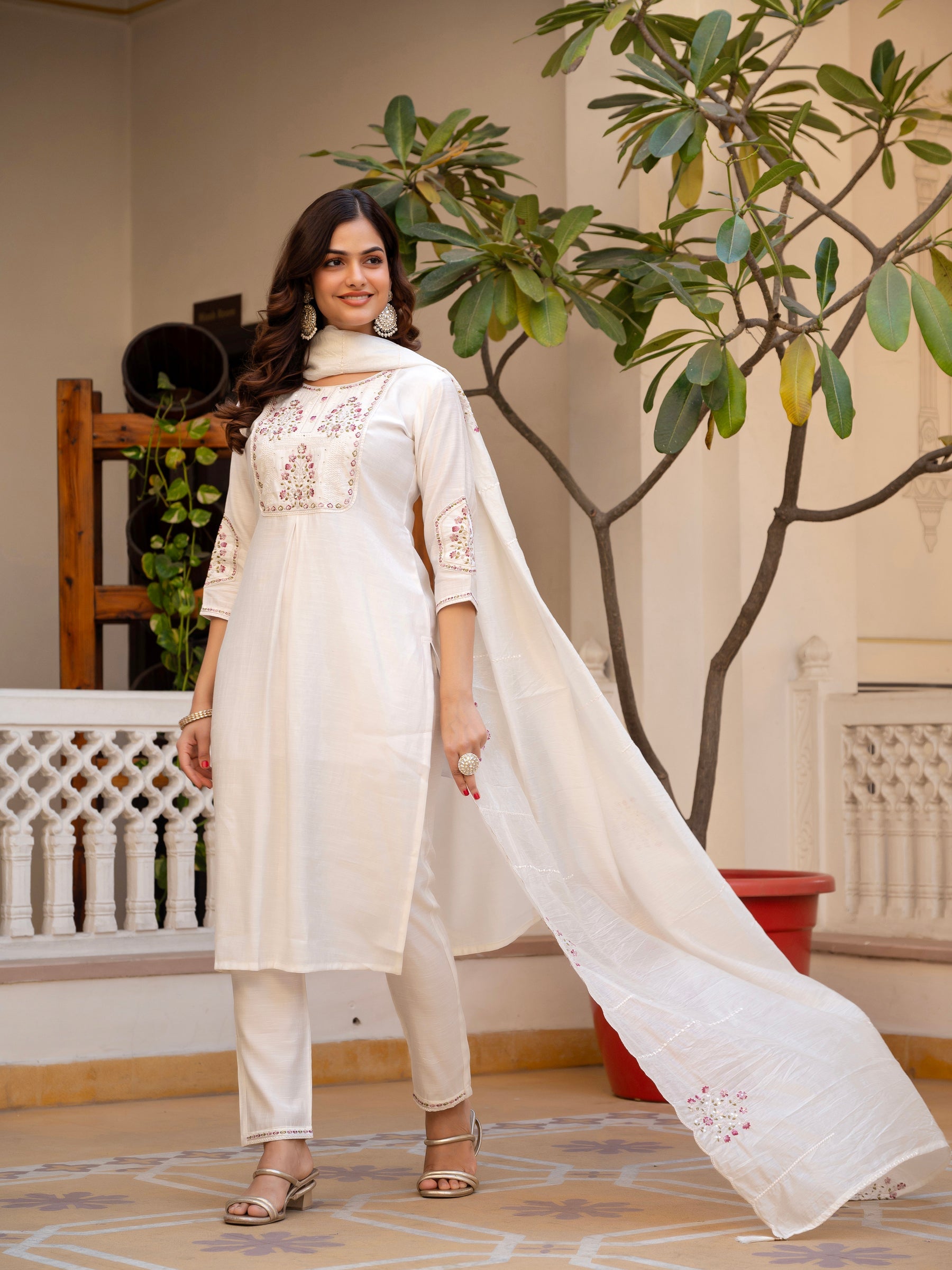 Lorenvalley Fashion White Viscose Mango Silk Multi Embroidery Sequins With Hand Work Kurta Pant Dupatta