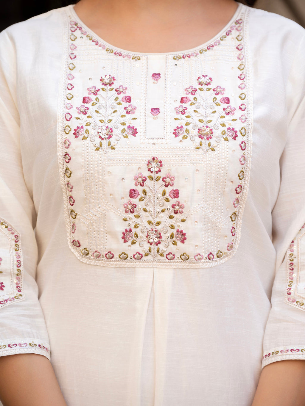 Lorenvalley Fashion White Viscose Mango Silk Multi Embroidery Sequins With Hand Work Kurta Pant Dupatta