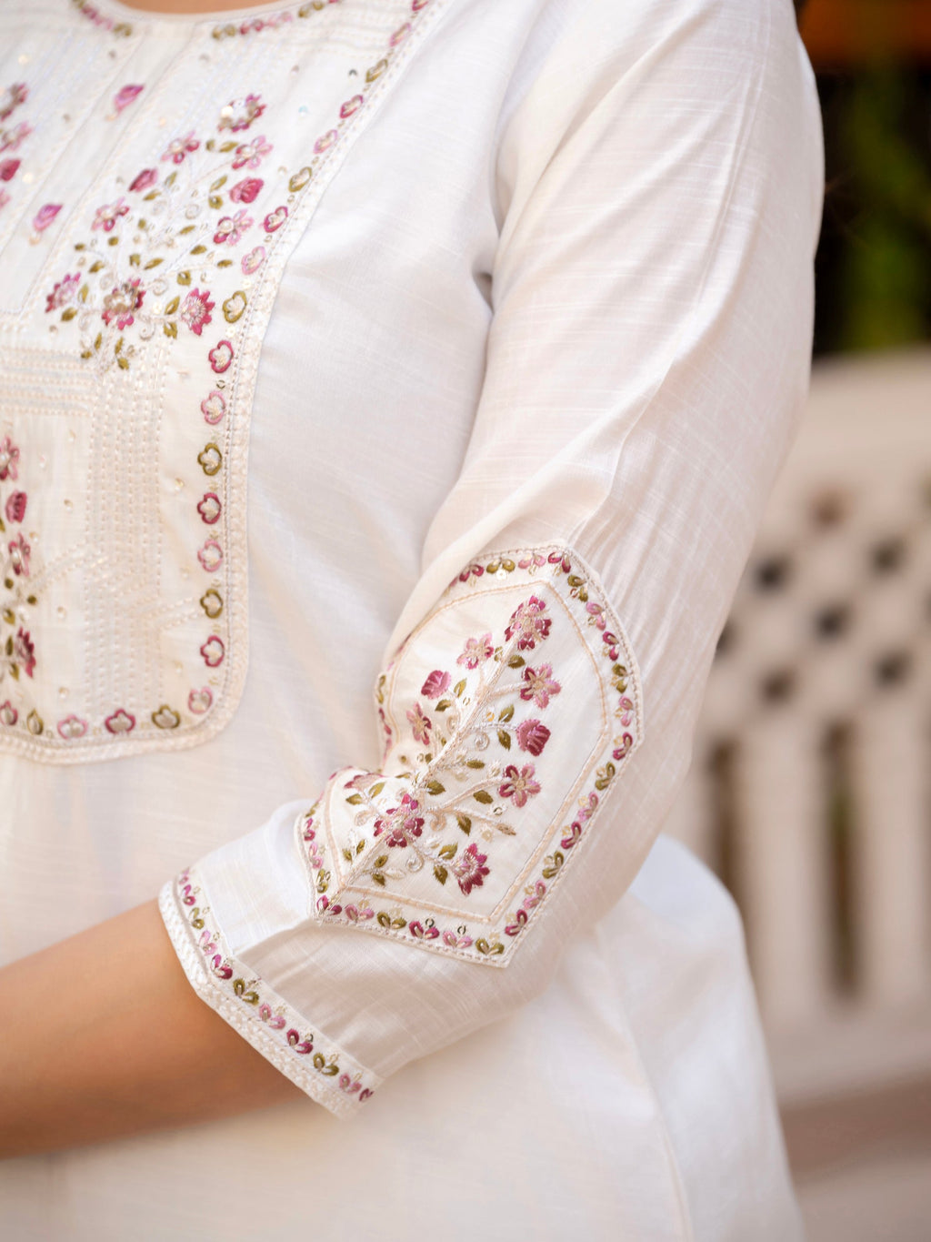 Lorenvalley Fashion White Viscose Mango Silk Multi Embroidery Sequins With Hand Work Kurta Pant Dupatta