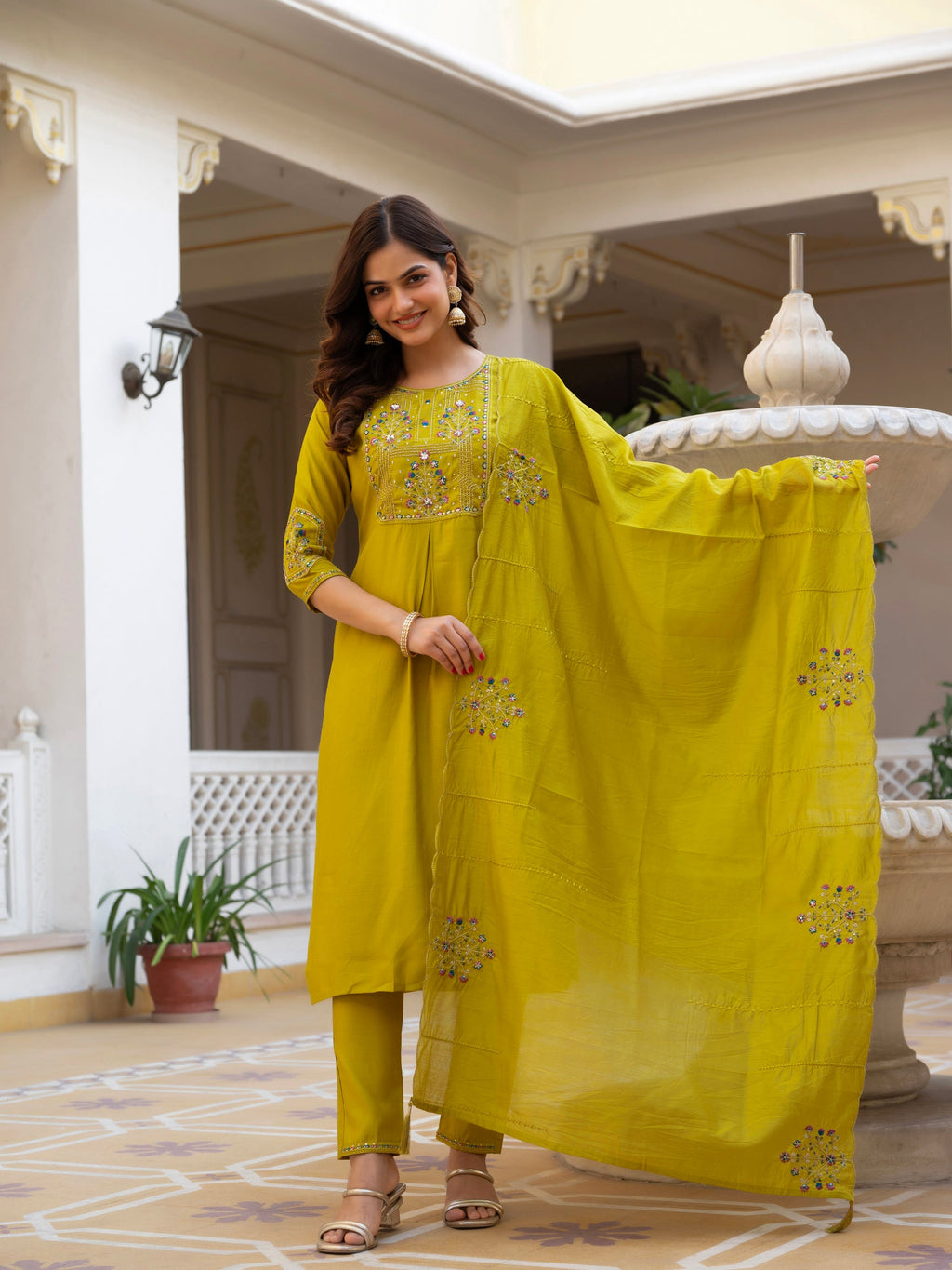 Lorenvalley Fashion Yellow Viscose Mango Silk Multi Embroidery Sequins With Hand Work Kurta Pant Dupatta