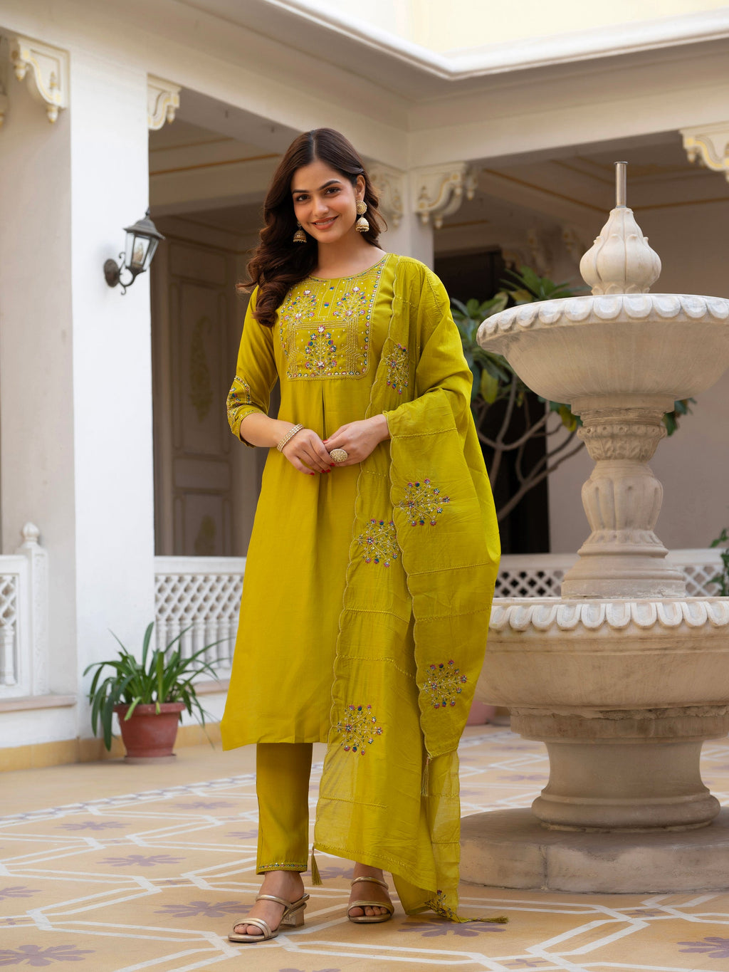 Lorenvalley Fashion Yellow Viscose Mango Silk Multi Embroidery Sequins With Hand Work Kurta Pant Dupatta