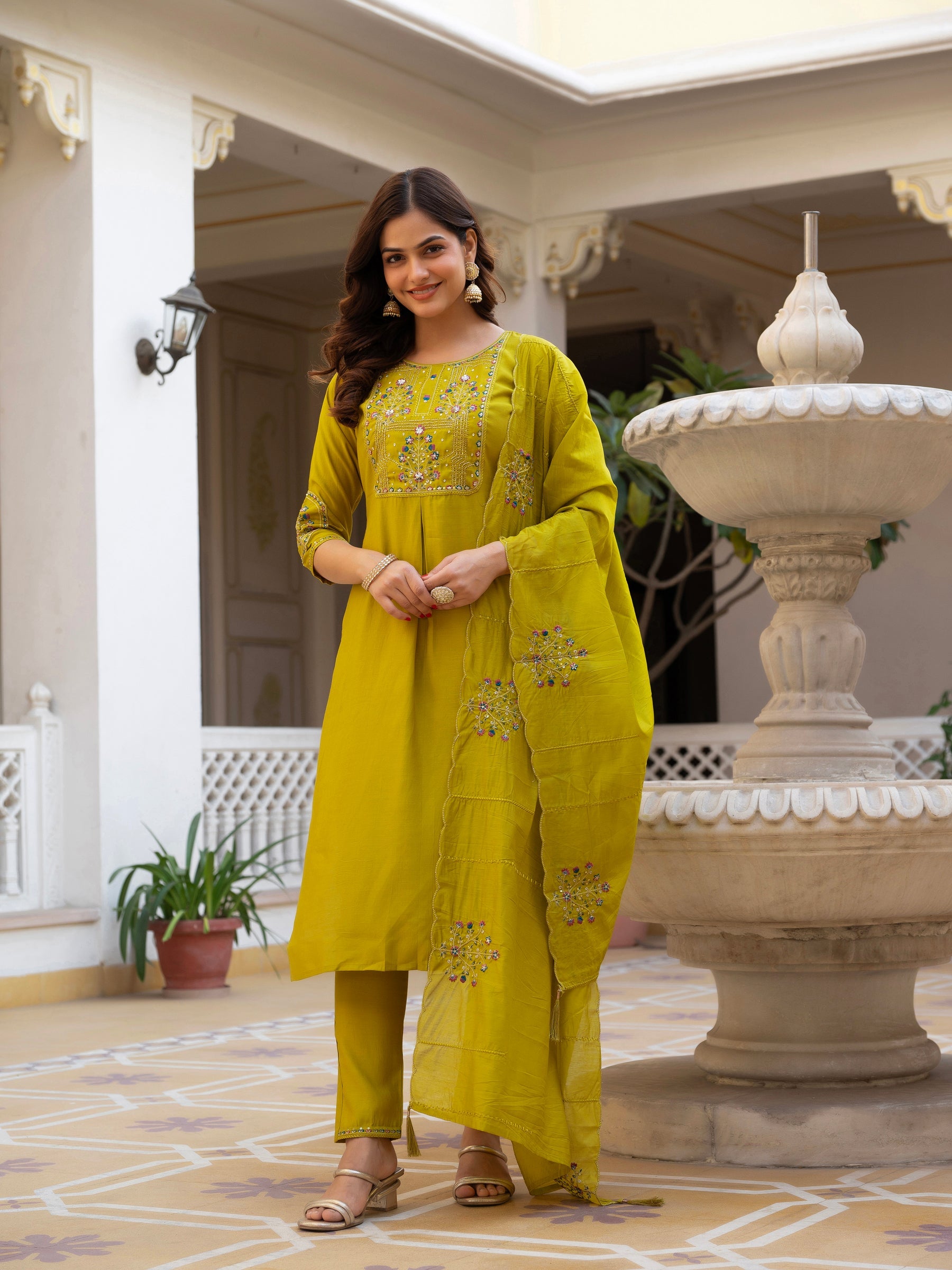 Lorenvalley Fashion Yellow Viscose Mango Silk Multi Embroidery Sequins With Hand Work Kurta Pant Dupatta