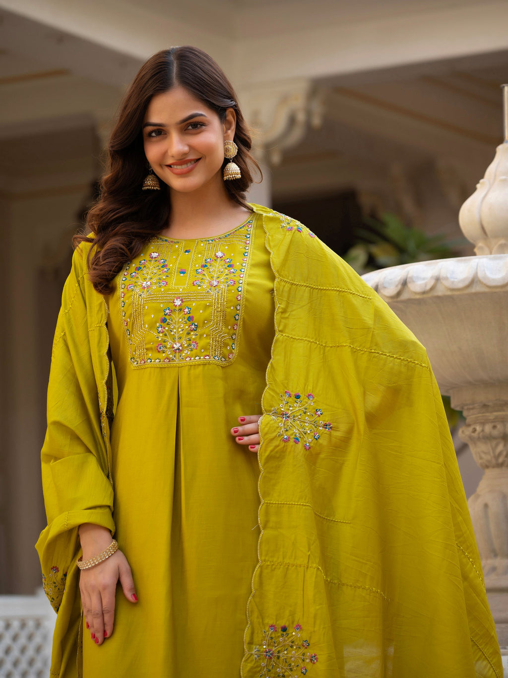 Lorenvalley Fashion Yellow Viscose Mango Silk Multi Embroidery Sequins With Hand Work Kurta Pant Dupatta