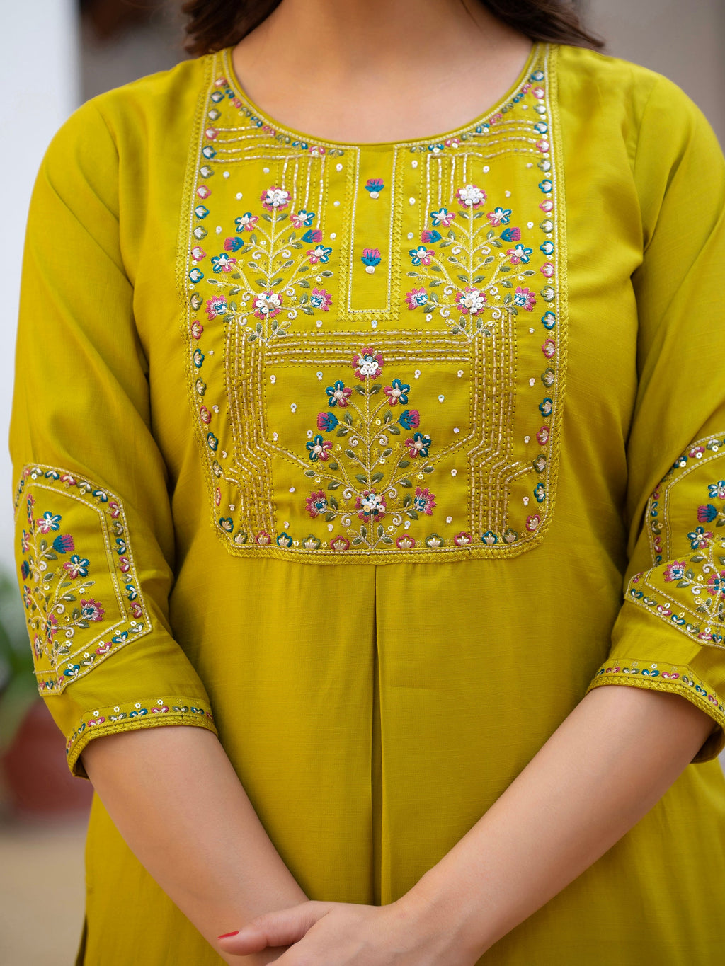Lorenvalley Fashion Yellow Viscose Mango Silk Multi Embroidery Sequins With Hand Work Kurta Pant Dupatta