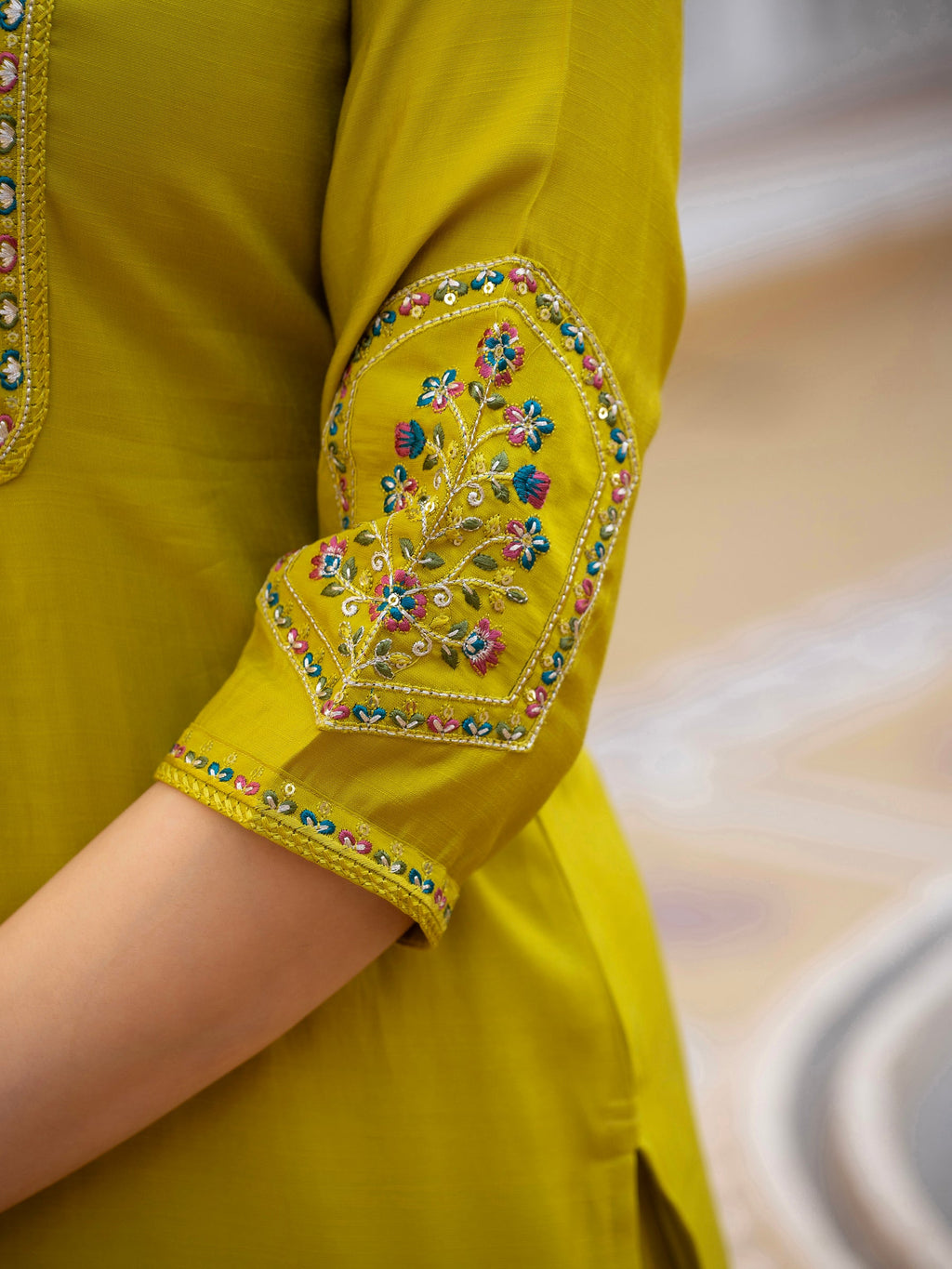 Lorenvalley Fashion Yellow Viscose Mango Silk Multi Embroidery Sequins With Hand Work Kurta Pant Dupatta