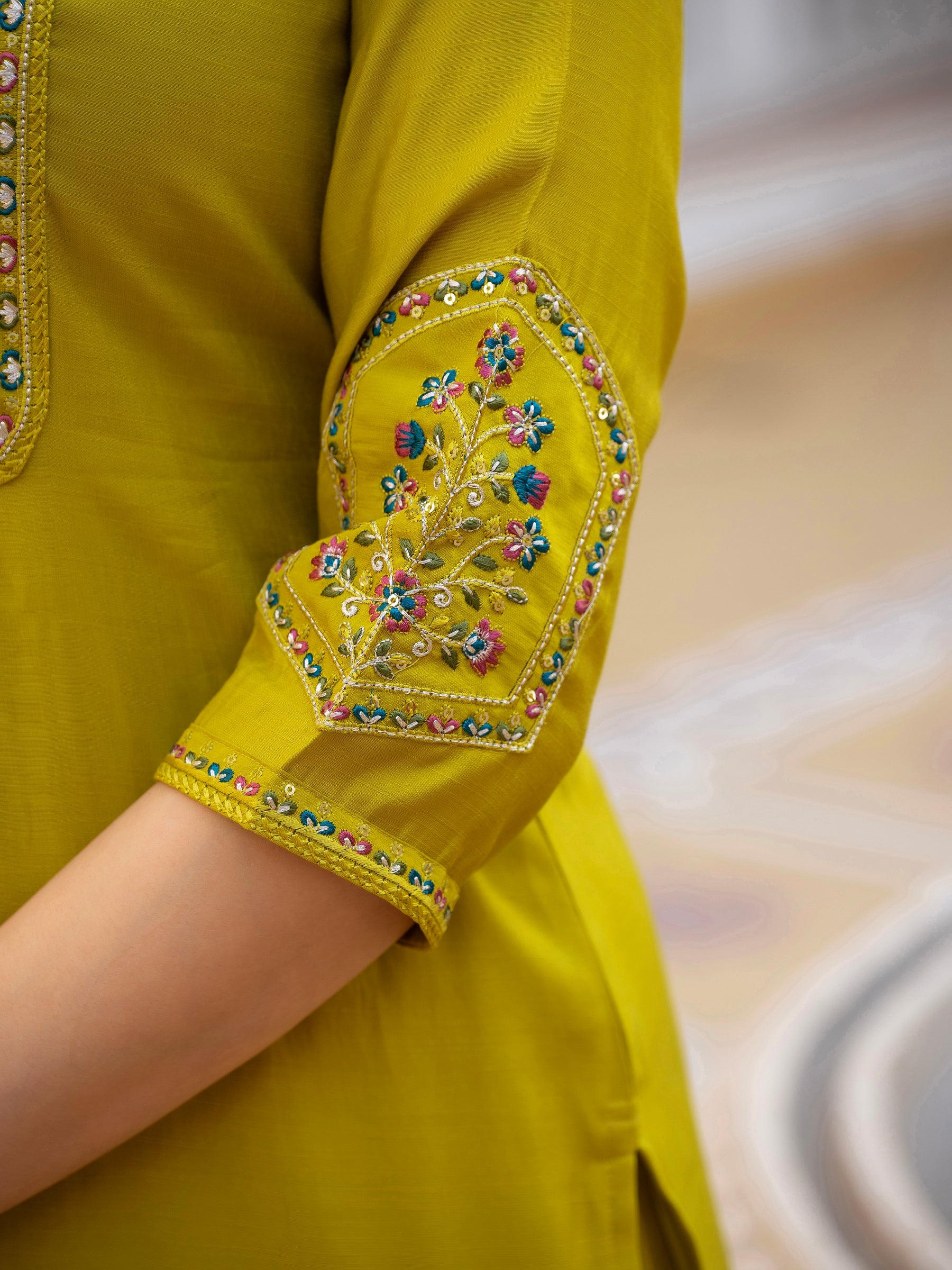 Lorenvalley Fashion Yellow Viscose Mango Silk Multi Embroidery Sequins With Hand Work Kurta Pant Dupatta