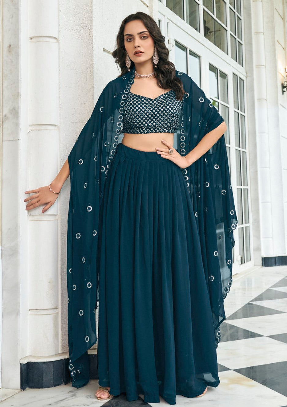Anaita Teal Blue Georgette Stitched Lehenga Choli With Sequence & Thread Work