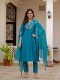 Vedant Vastram Viscose Silk Embroidery & Sequence Work Stitched Salwar Suit Set-Firozi