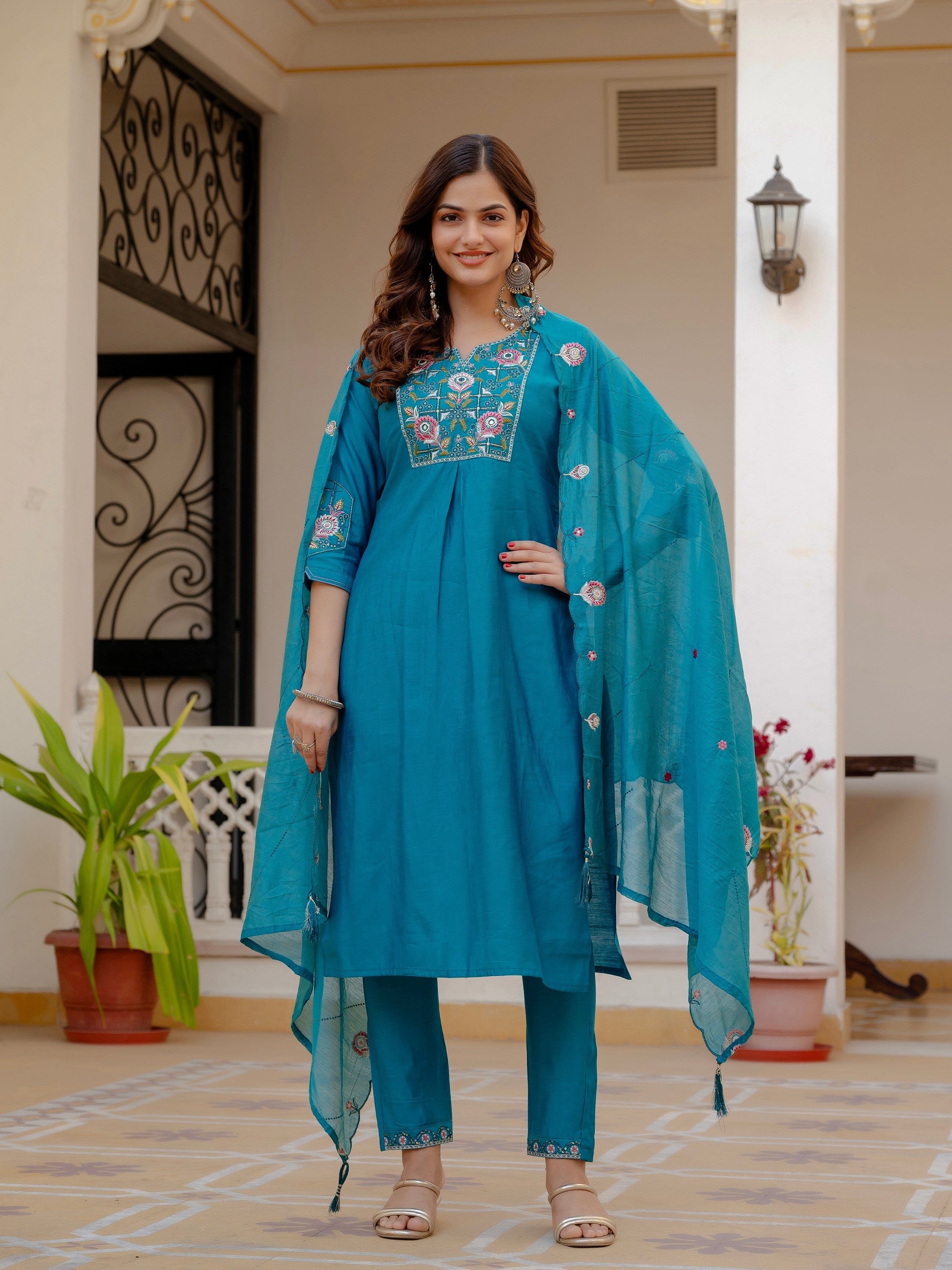 Vedant Vastram Viscose Silk Embroidery & Sequence Work Stitched Salwar Suit Set-Firozi