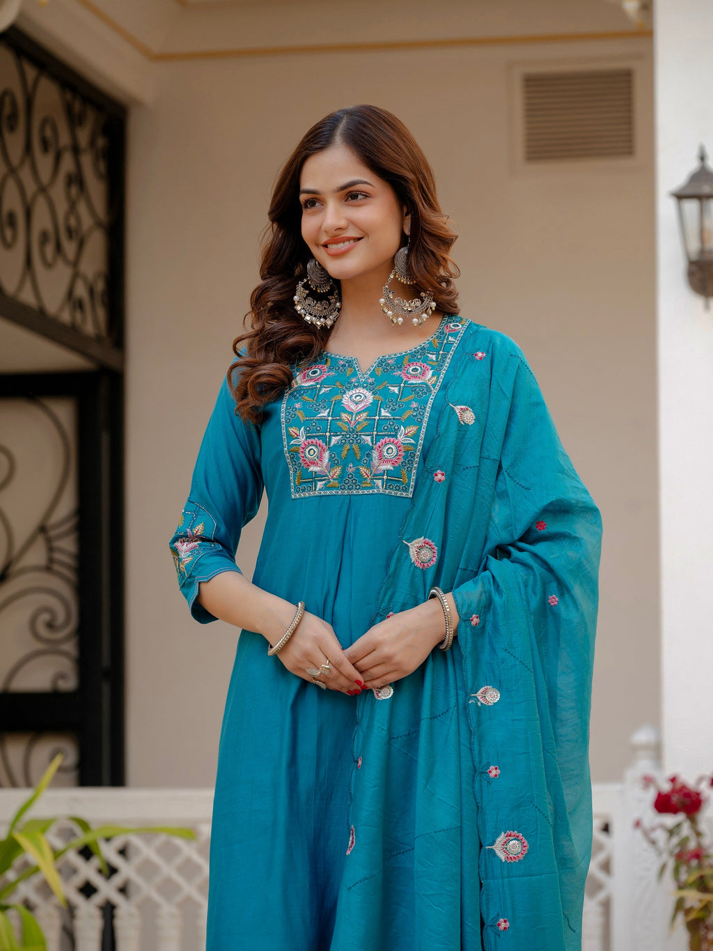 Vedant Vastram Viscose Silk Embroidery & Sequence Work Stitched Salwar Suit Set-Firozi