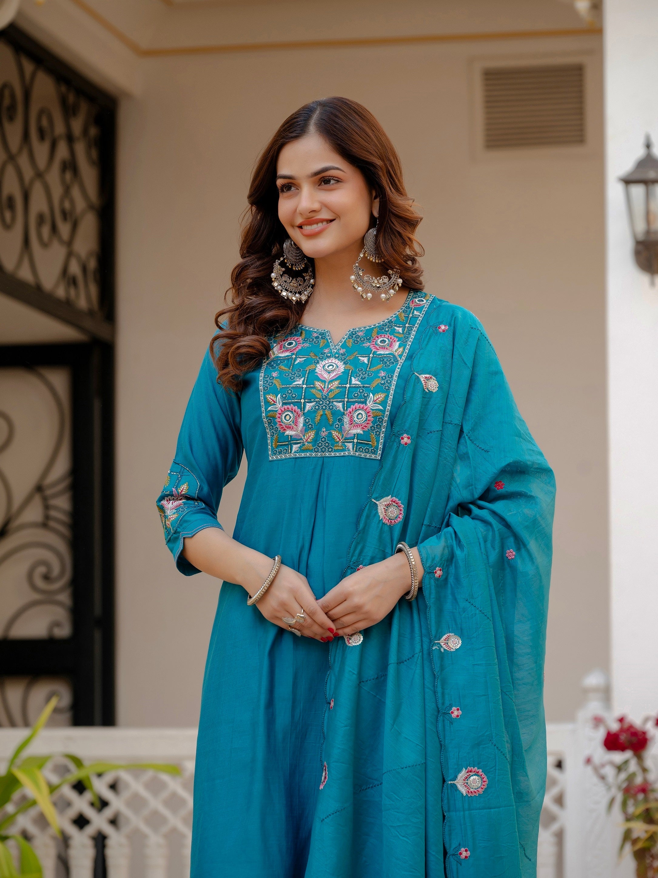 Vedant Vastram Viscose Silk Embroidery & Sequence Work Stitched Salwar Suit Set-Firozi