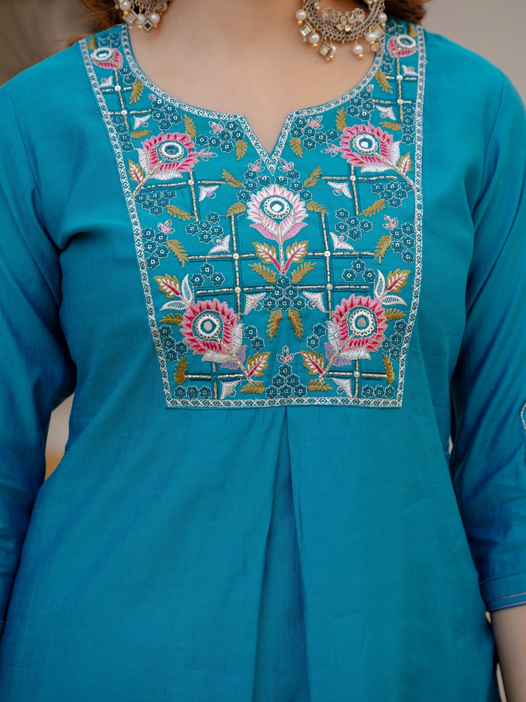 Vedant Vastram Viscose Silk Embroidery & Sequence Work Stitched Salwar Suit Set-Firozi