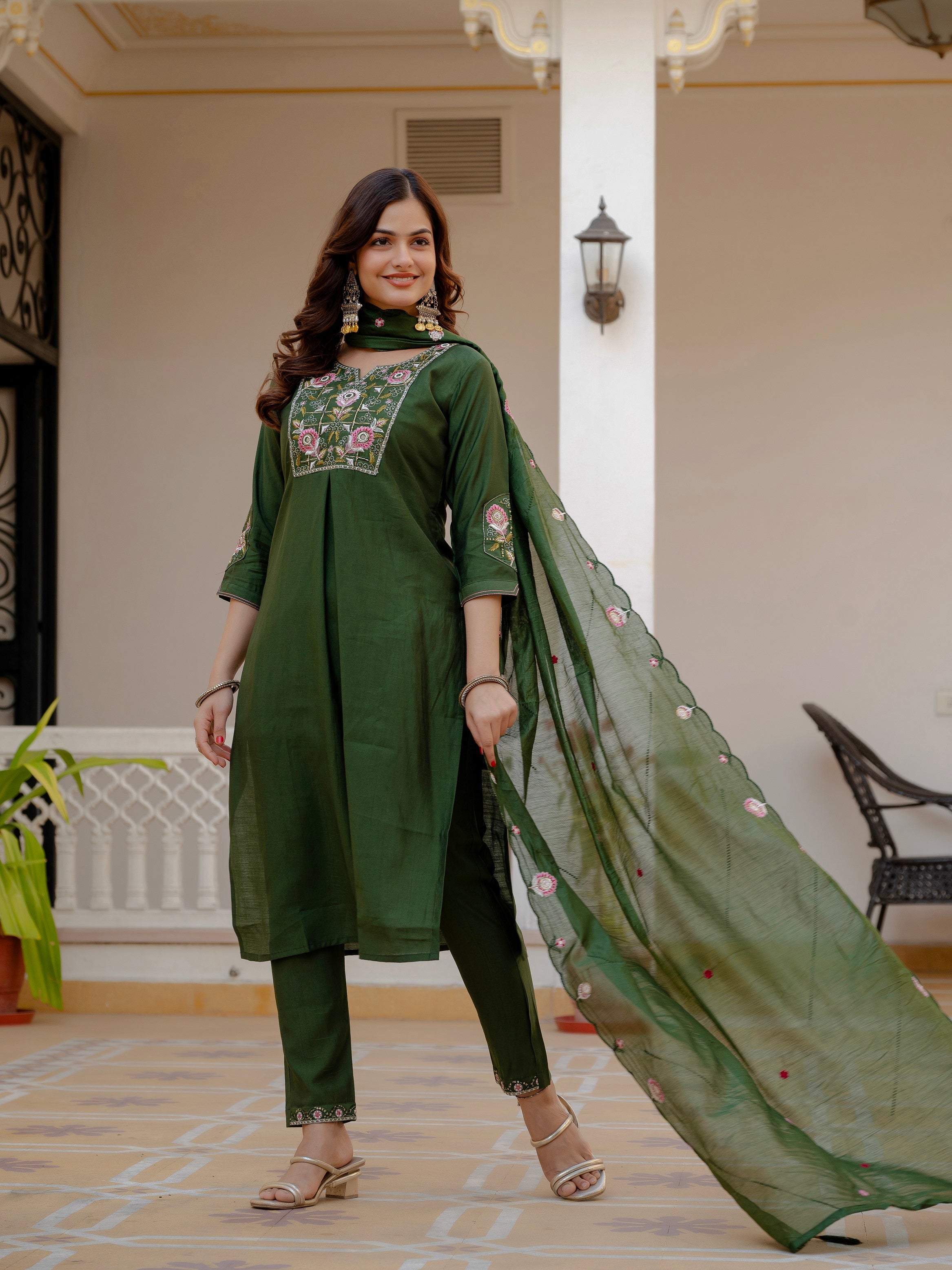 Vedant Vastram Viscose Silk Embroidery & Sequence Work Stitched Salwar Suit Set-Green