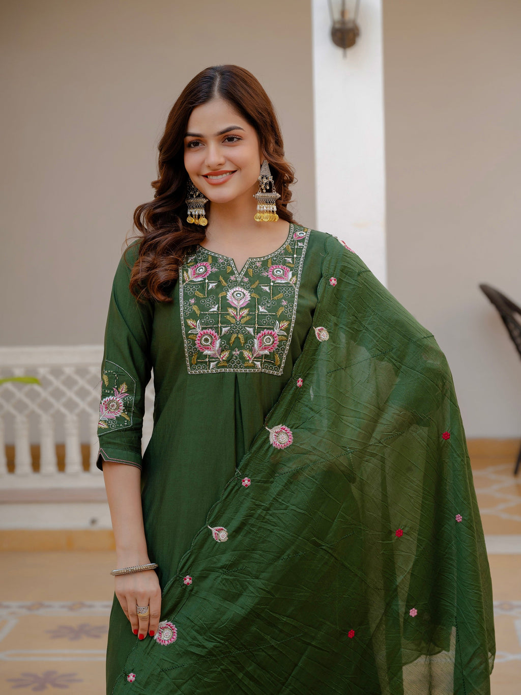 Vedant Vastram Viscose Silk Embroidery & Sequence Work Stitched Salwar Suit Set-Green