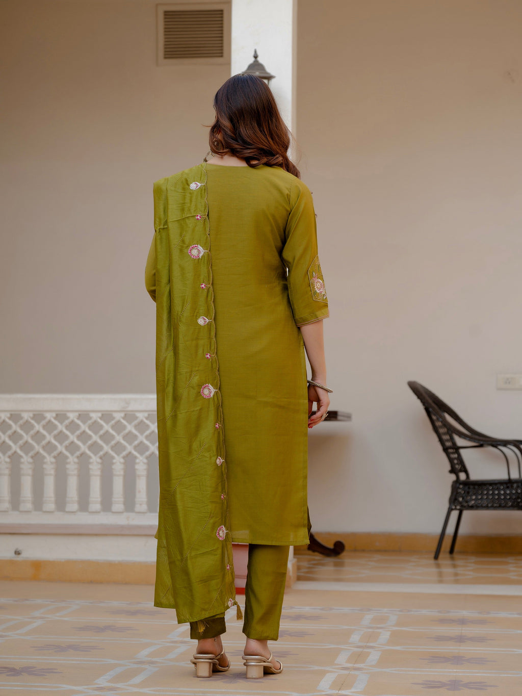 Vedant Vastram Viscose Silk Embroidery & Sequence Work Stitched Salwar Suit Set-Mehandi