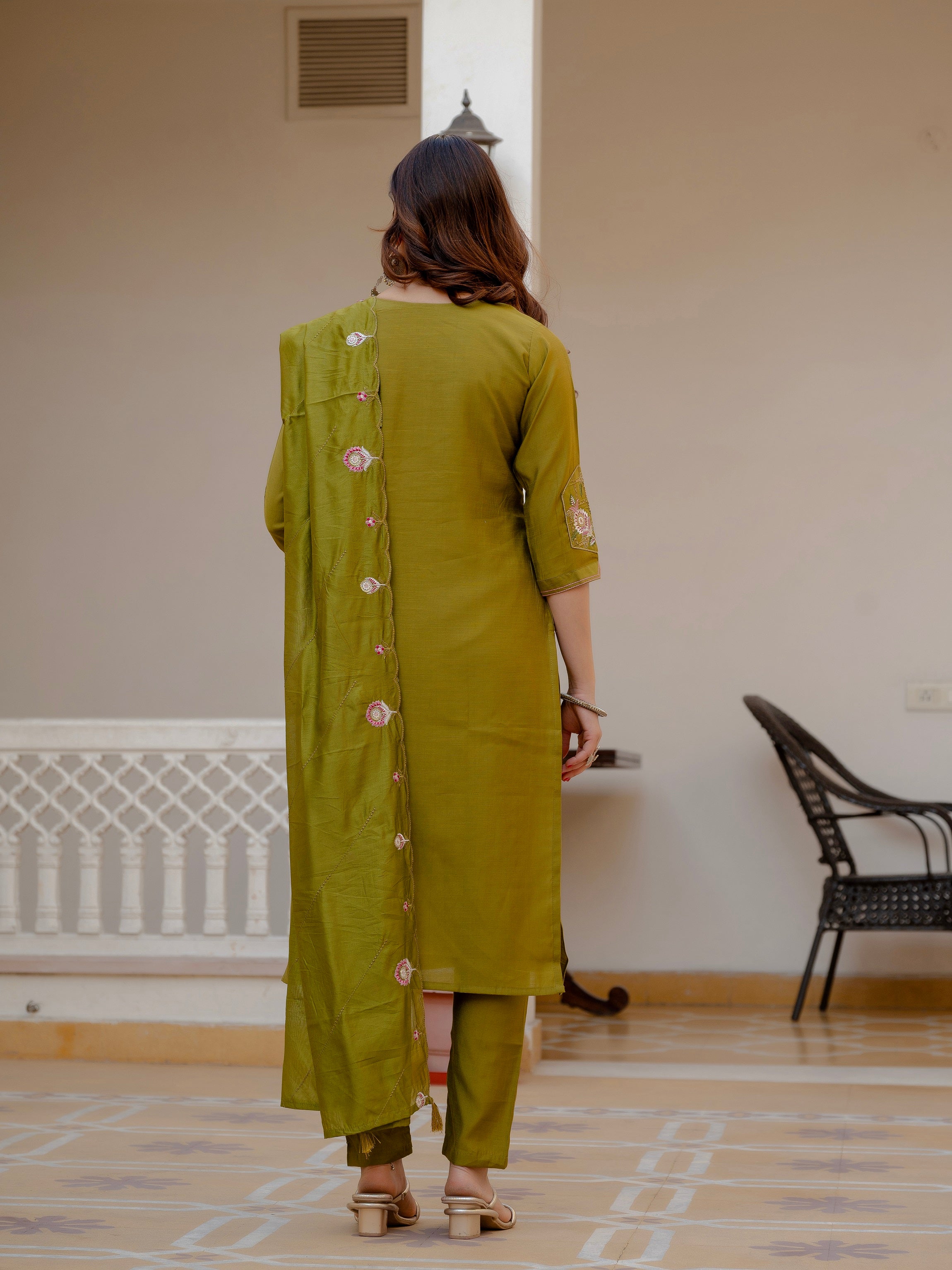 Vedant Vastram Viscose Silk Embroidery & Sequence Work Stitched Salwar Suit Set-Mehandi