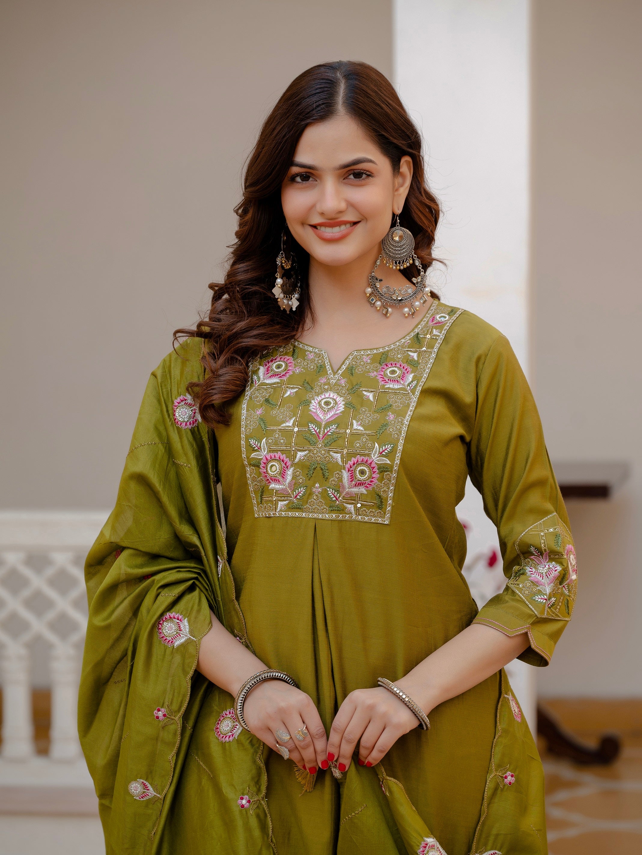 Vedant Vastram Viscose Silk Embroidery & Sequence Work Stitched Salwar Suit Set-Mehandi