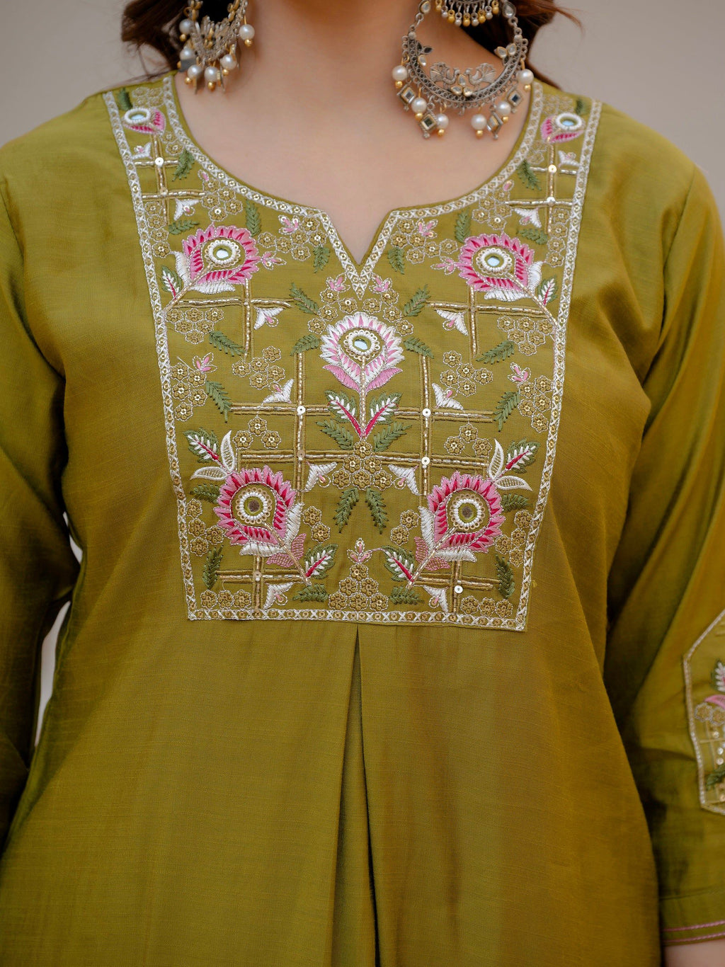 Vedant Vastram Viscose Silk Embroidery & Sequence Work Stitched Salwar Suit Set-Mehandi