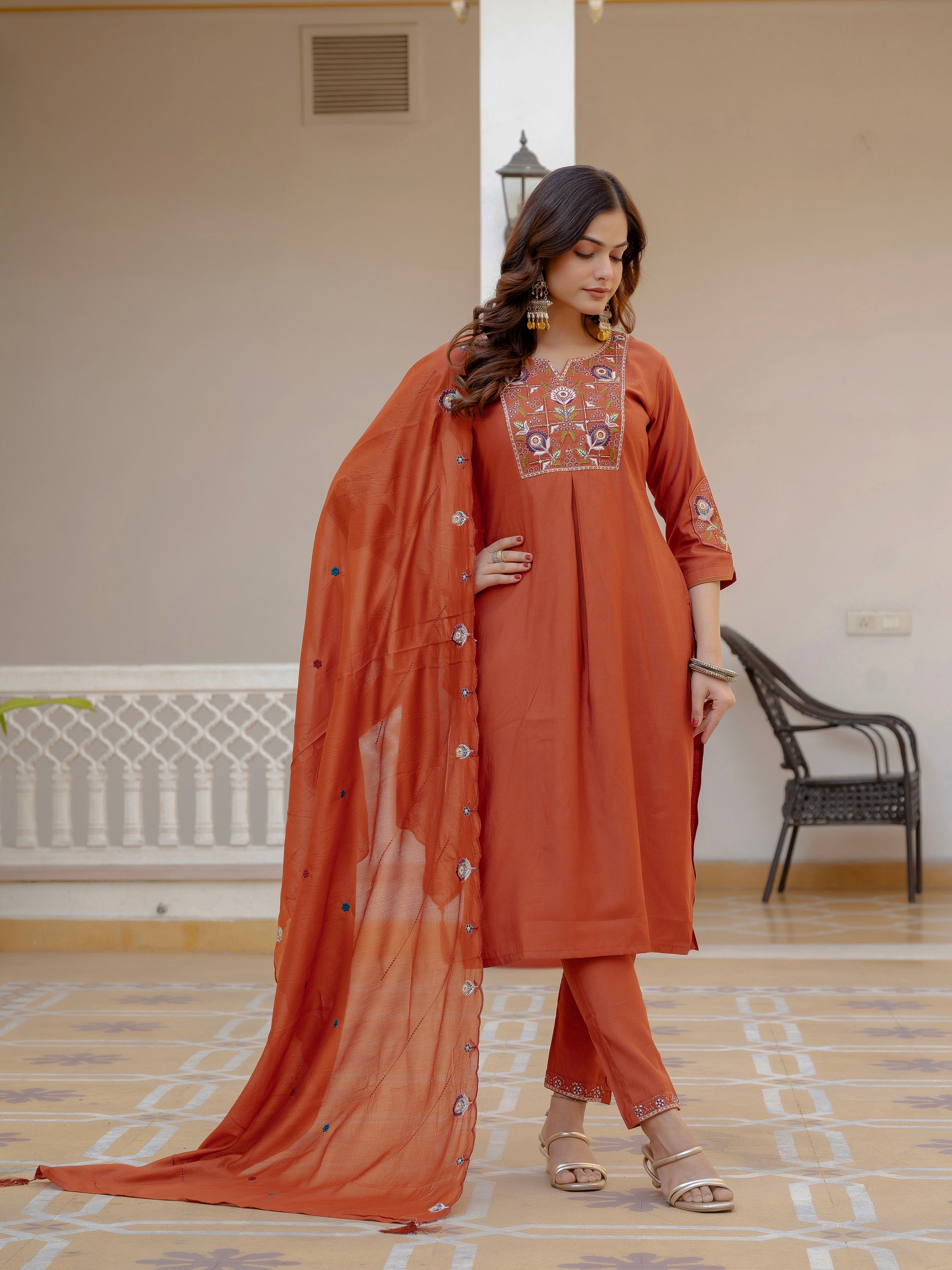 Vedant Vastram Viscose Silk Embroidery & Sequence Work Stitched Salwar Suit Set-Rust