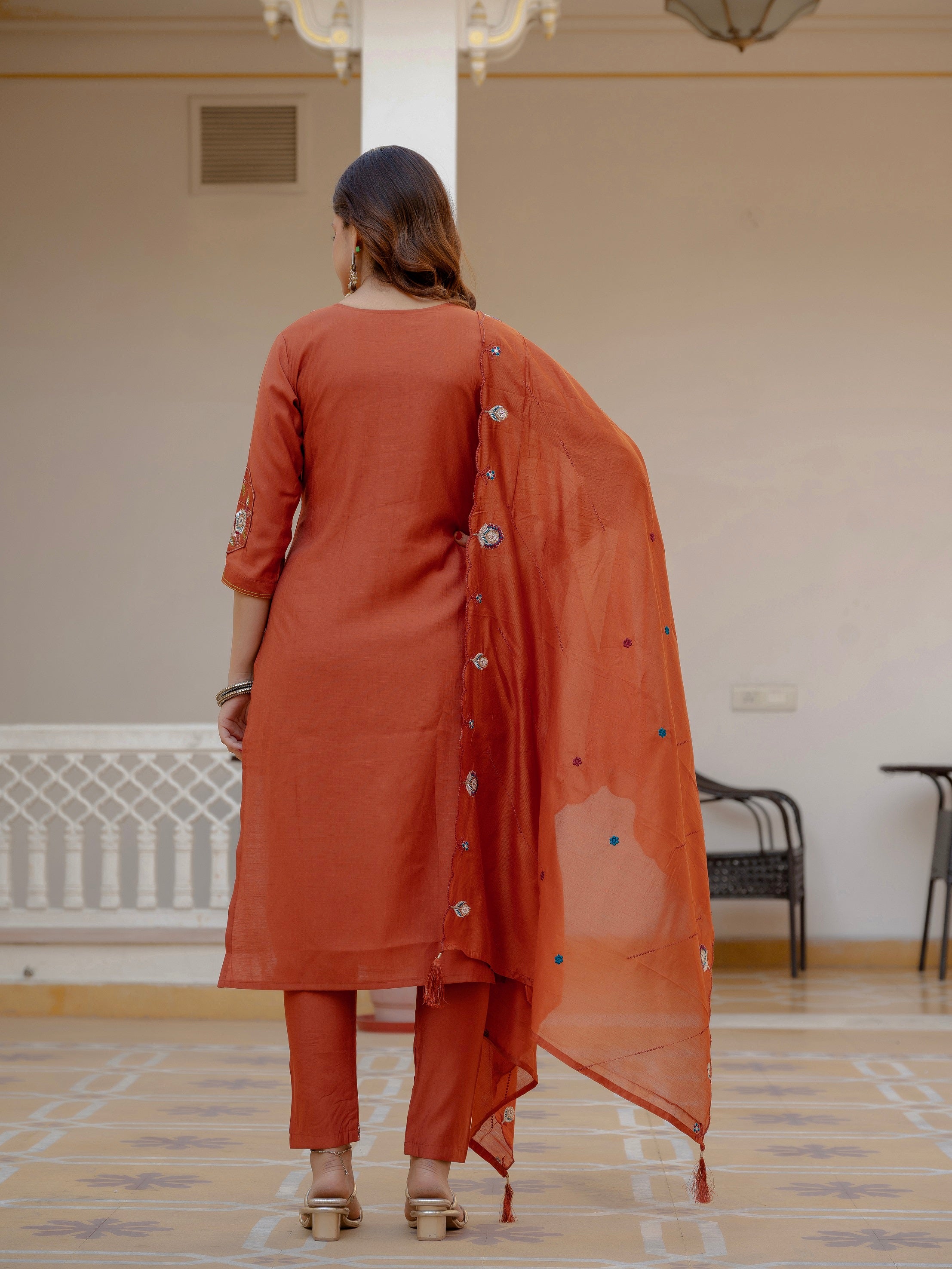 Vedant Vastram Viscose Silk Embroidery & Sequence Work Stitched Salwar Suit Set-Rust