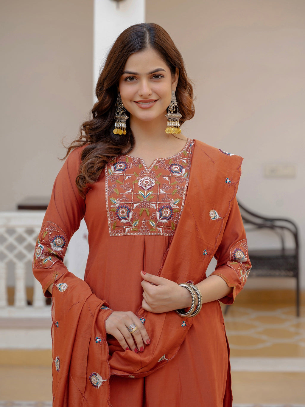 Vedant Vastram Viscose Silk Embroidery & Sequence Work Stitched Salwar Suit Set-Rust