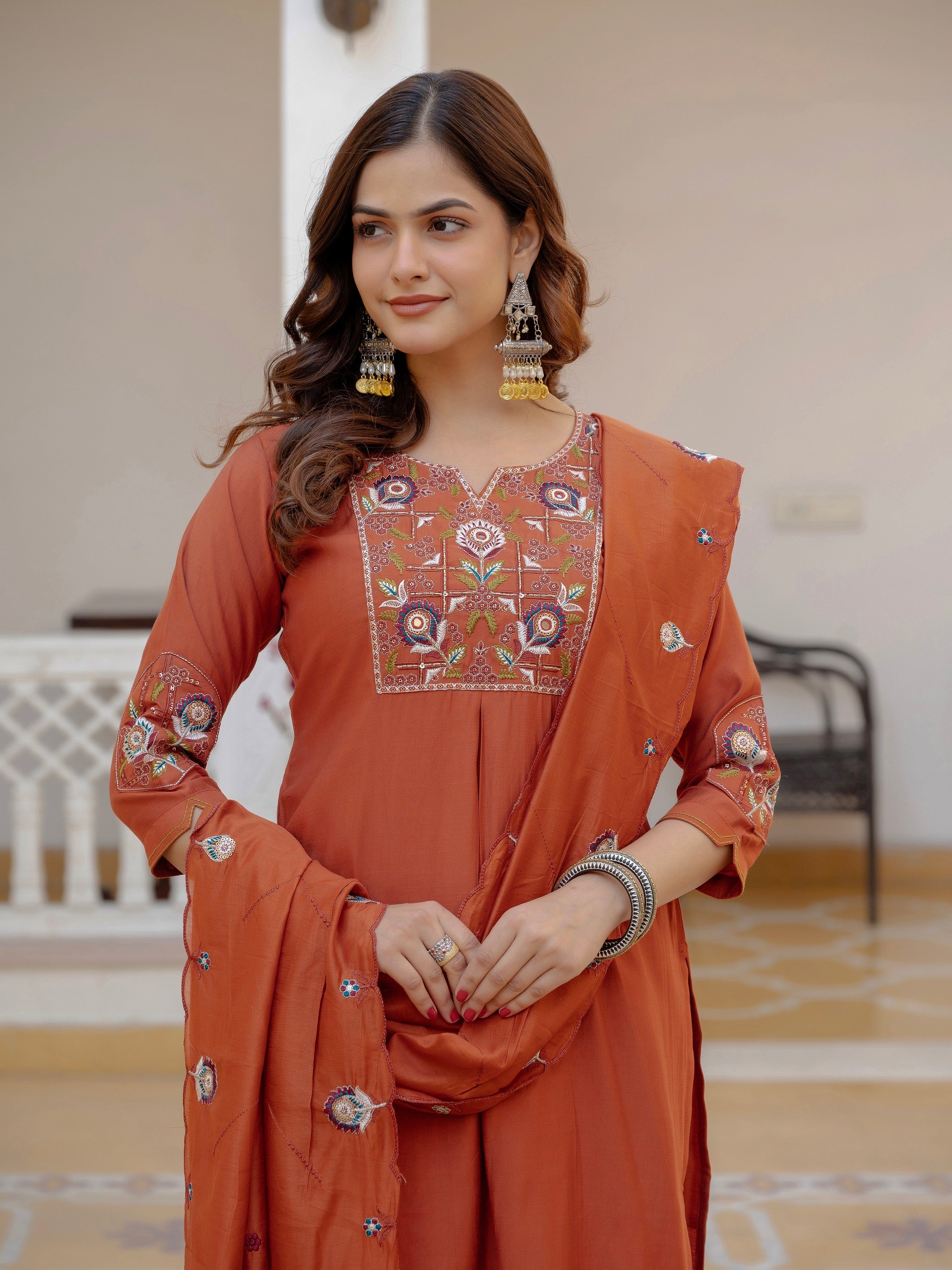 Vedant Vastram Viscose Silk Embroidery & Sequence Work Stitched Salwar Suit Set-Rust