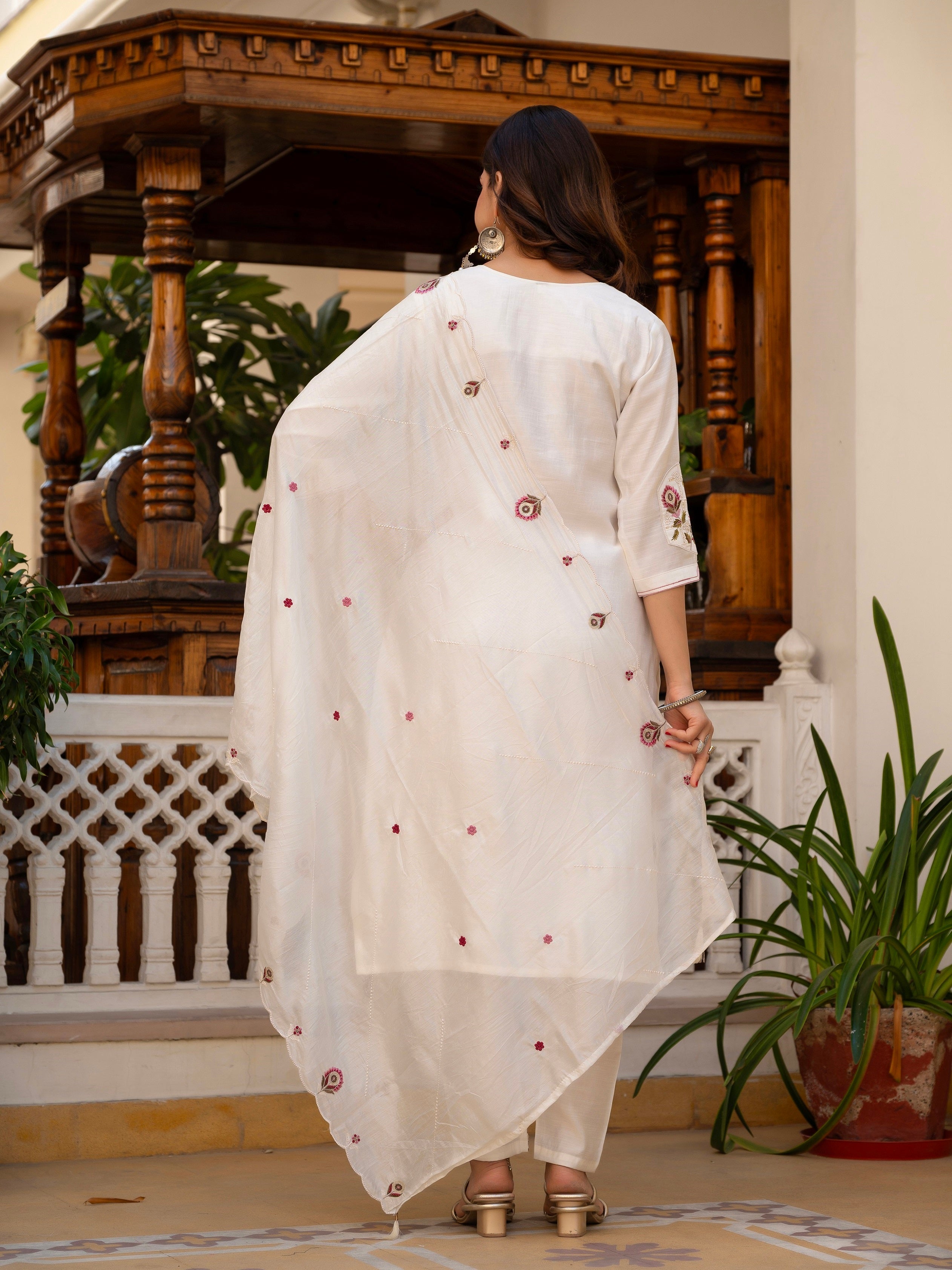 Vedant Vastram Viscose Silk Embroidery & Sequence Work Stitched Salwar Suit Set-White