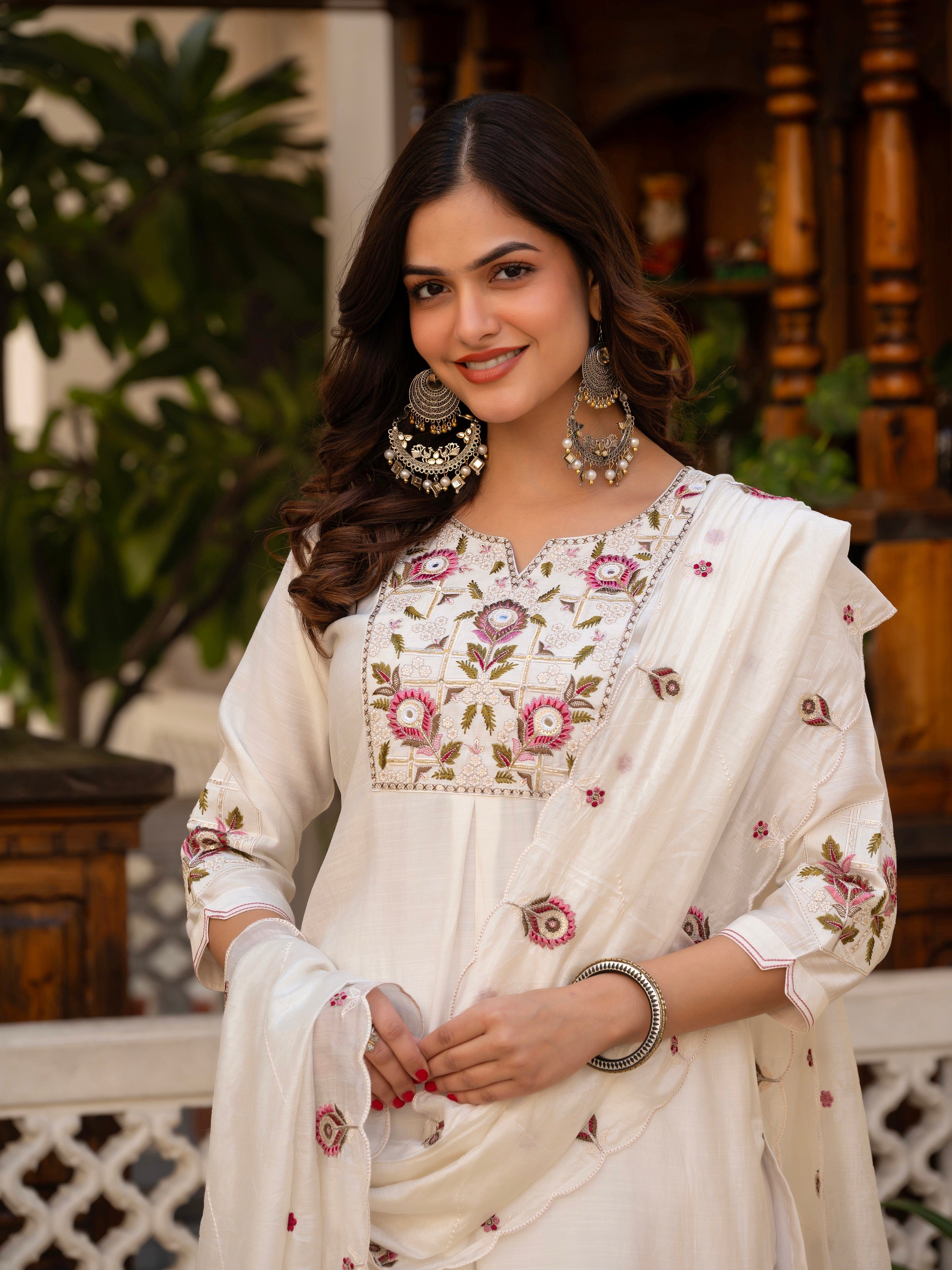 Vedant Vastram Viscose Silk Embroidery & Sequence Work Stitched Salwar Suit Set-White