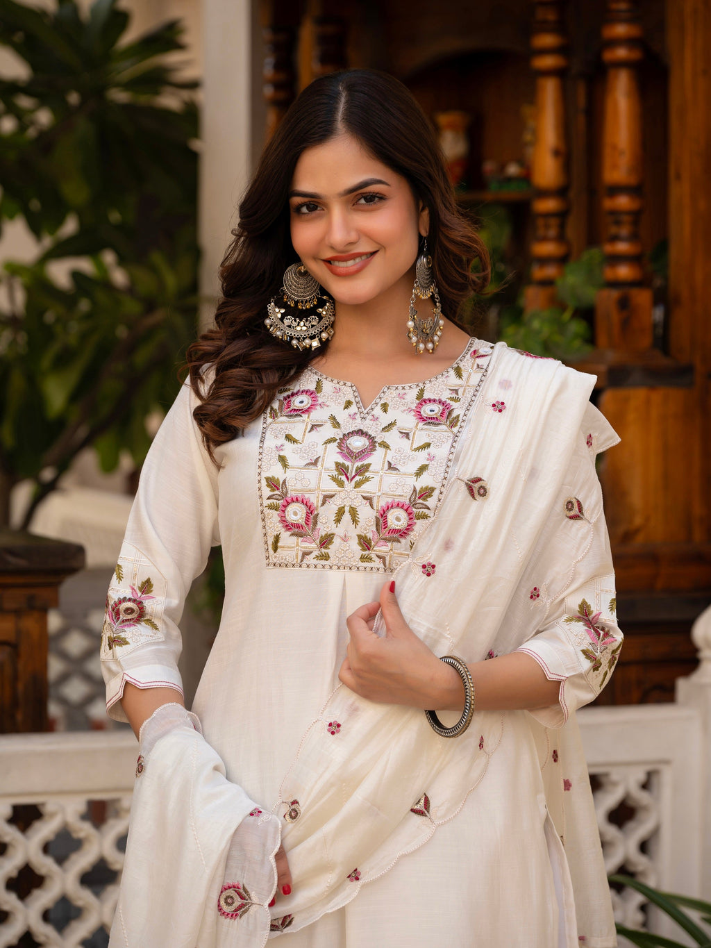 Vedant Vastram Viscose Silk Embroidery & Sequence Work Stitched Salwar Suit Set-White