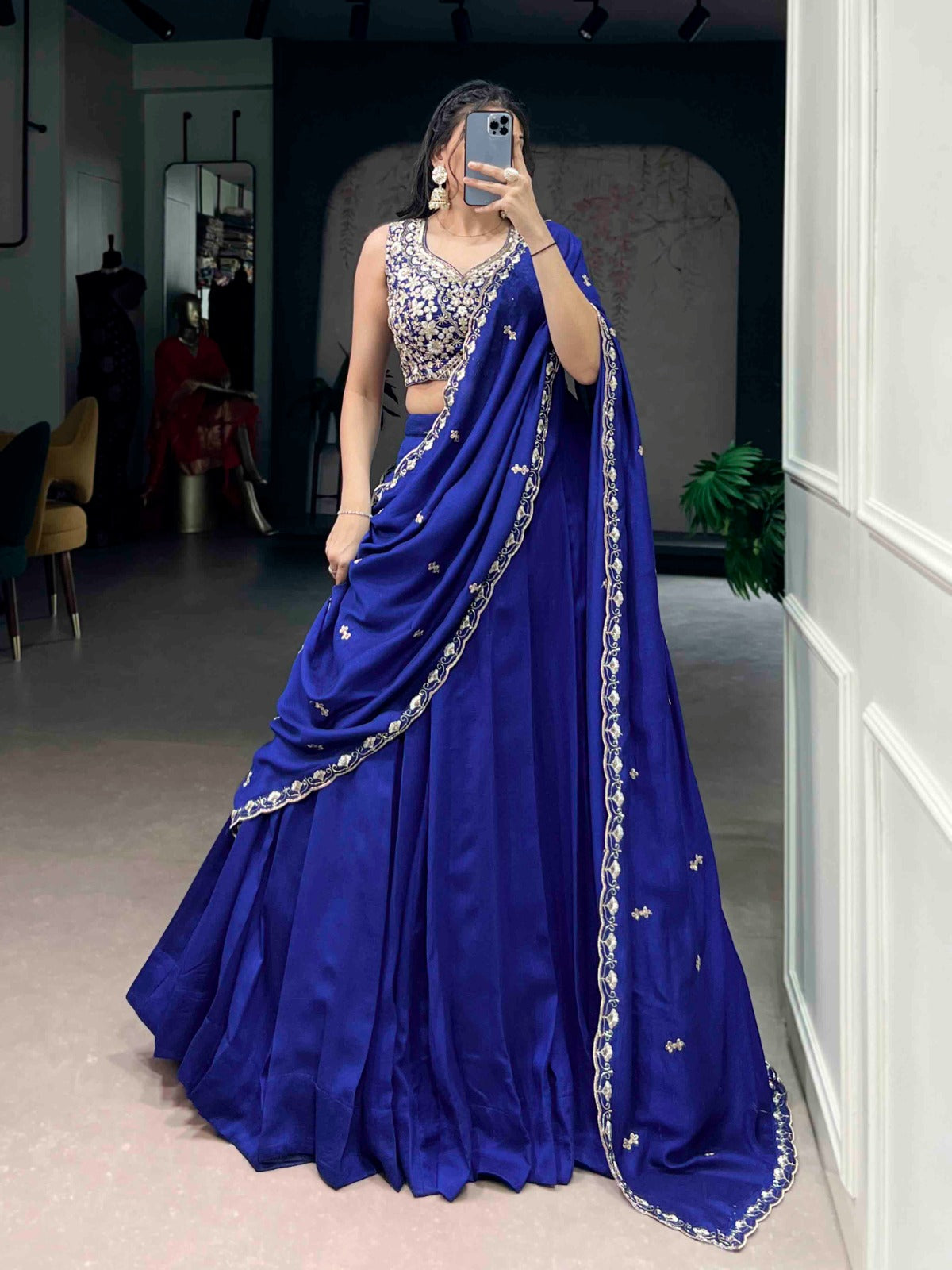Lorenvalley Fashion Royalblue P.C.Kashmiri Plain Lehenga Choli with Dupatta
