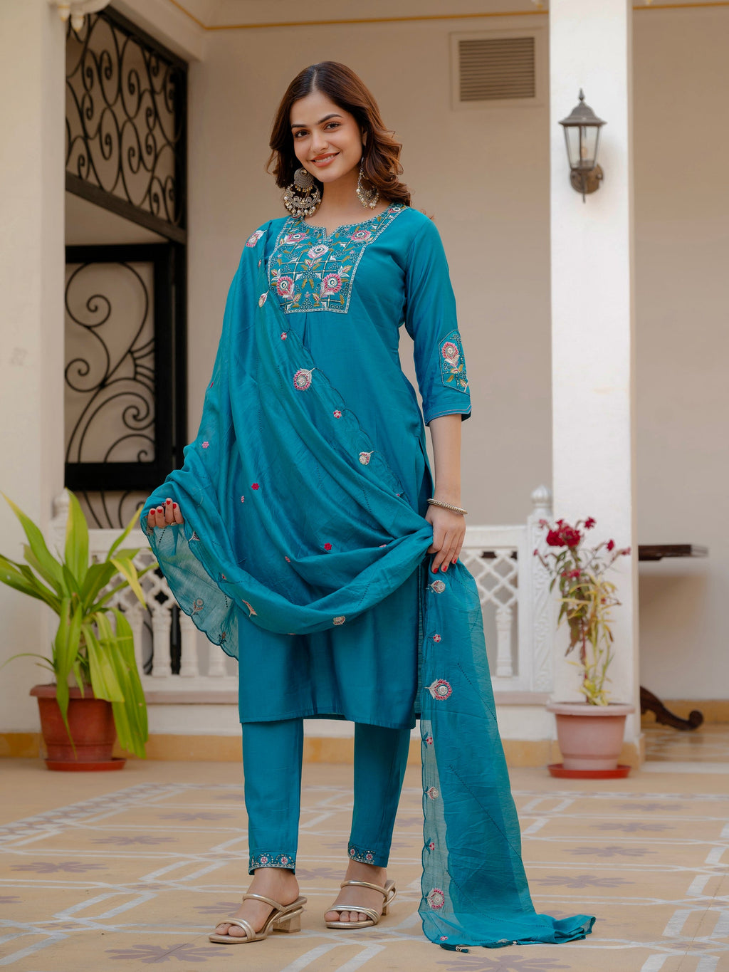 Lorenvalley Fashion Firozi Viscose Mango Silk Multi Embroidery Sequins With Hand Work Kurta Pant Dupatta