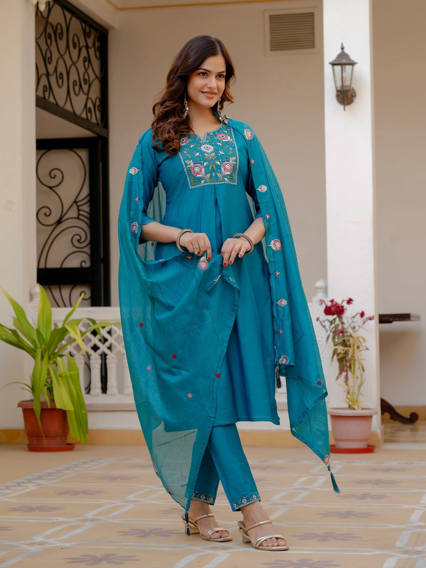Lorenvalley Fashion Firozi Viscose Mango Silk Multi Embroidery Sequins With Hand Work Kurta Pant Dupatta