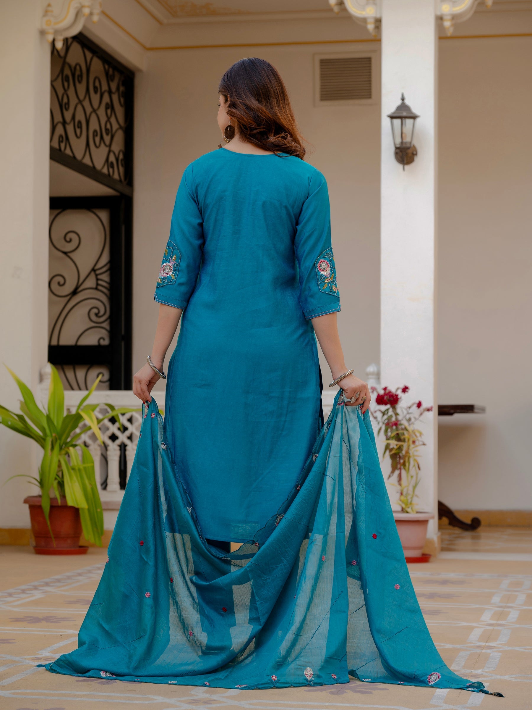 Lorenvalley Fashion Firozi Viscose Mango Silk Multi Embroidery Sequins With Hand Work Kurta Pant Dupatta