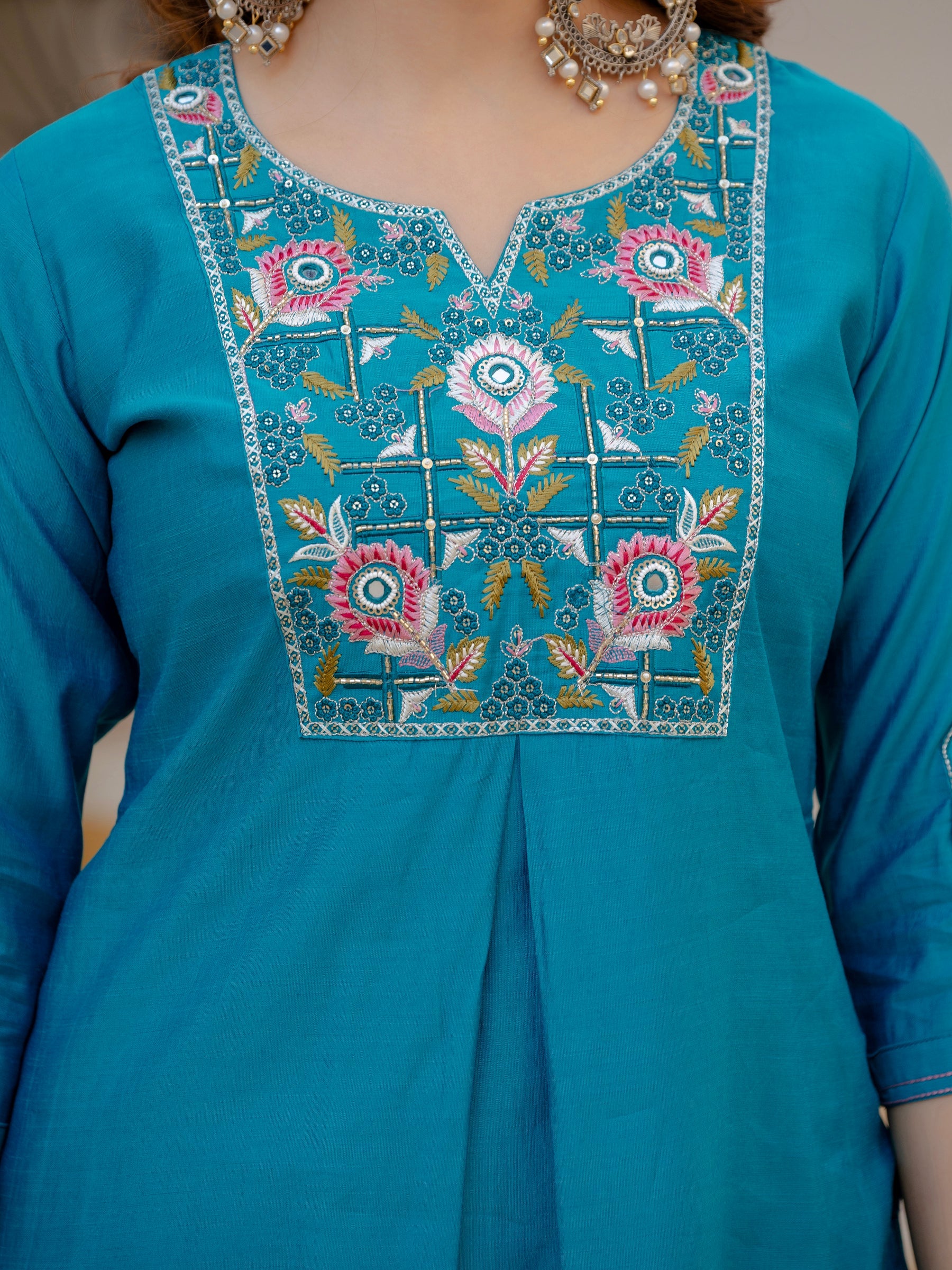 Lorenvalley Fashion Firozi Viscose Mango Silk Multi Embroidery Sequins With Hand Work Kurta Pant Dupatta