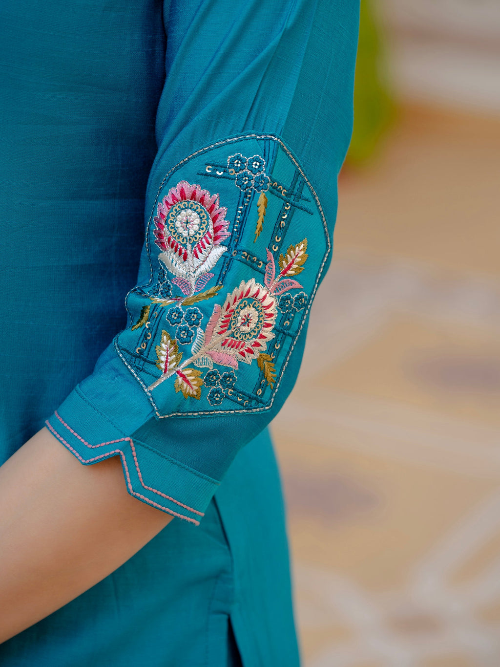Lorenvalley Fashion Firozi Viscose Mango Silk Multi Embroidery Sequins With Hand Work Kurta Pant Dupatta