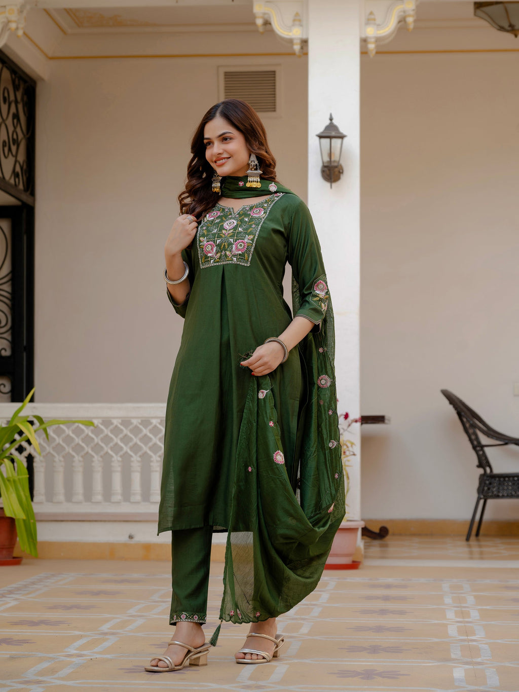 Lorenvalley Fashion Green Viscose Mango Silk Multi Embroidery Sequins With Hand Work Kurta Pant Dupatta