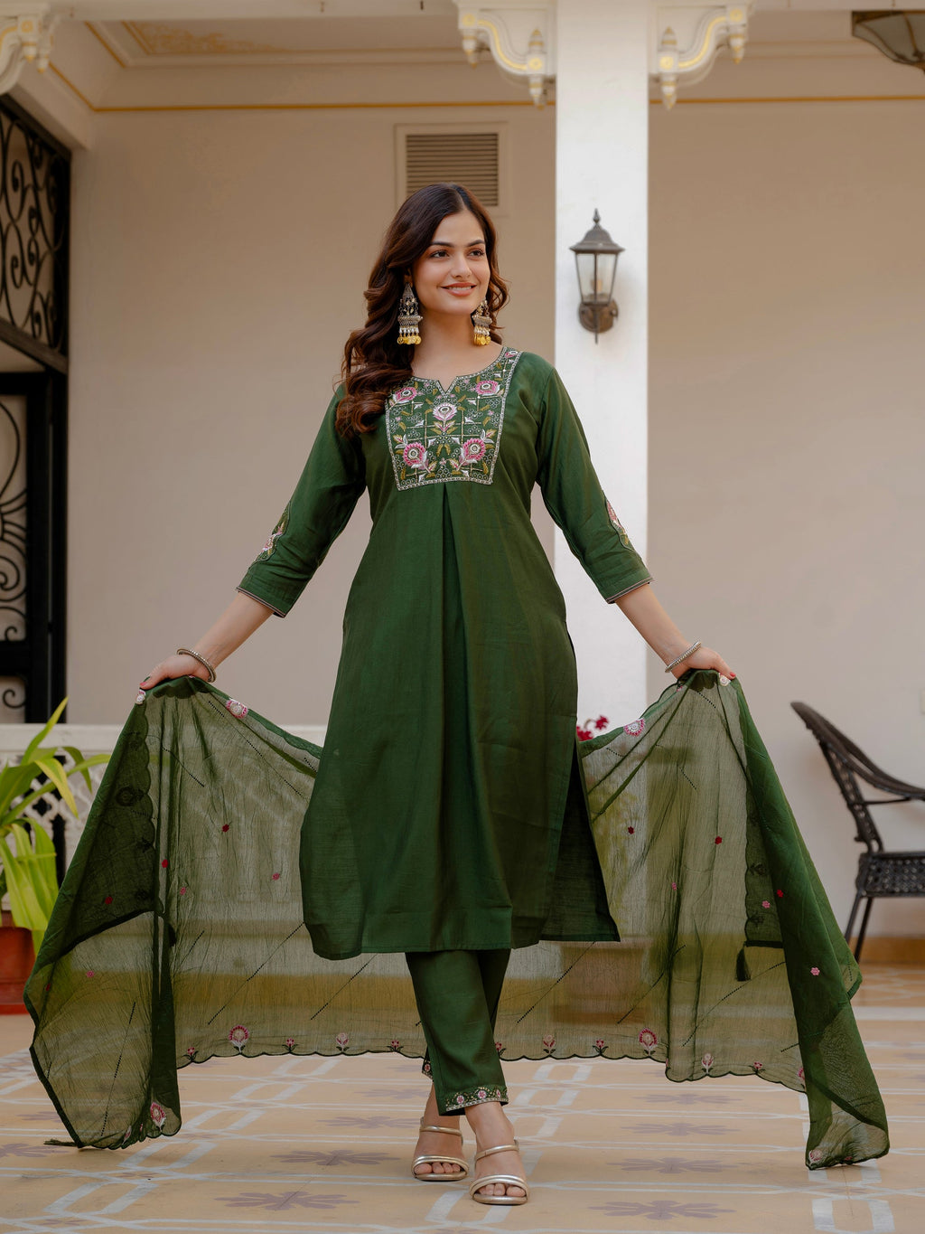 Lorenvalley Fashion Green Viscose Mango Silk Multi Embroidery Sequins With Hand Work Kurta Pant Dupatta