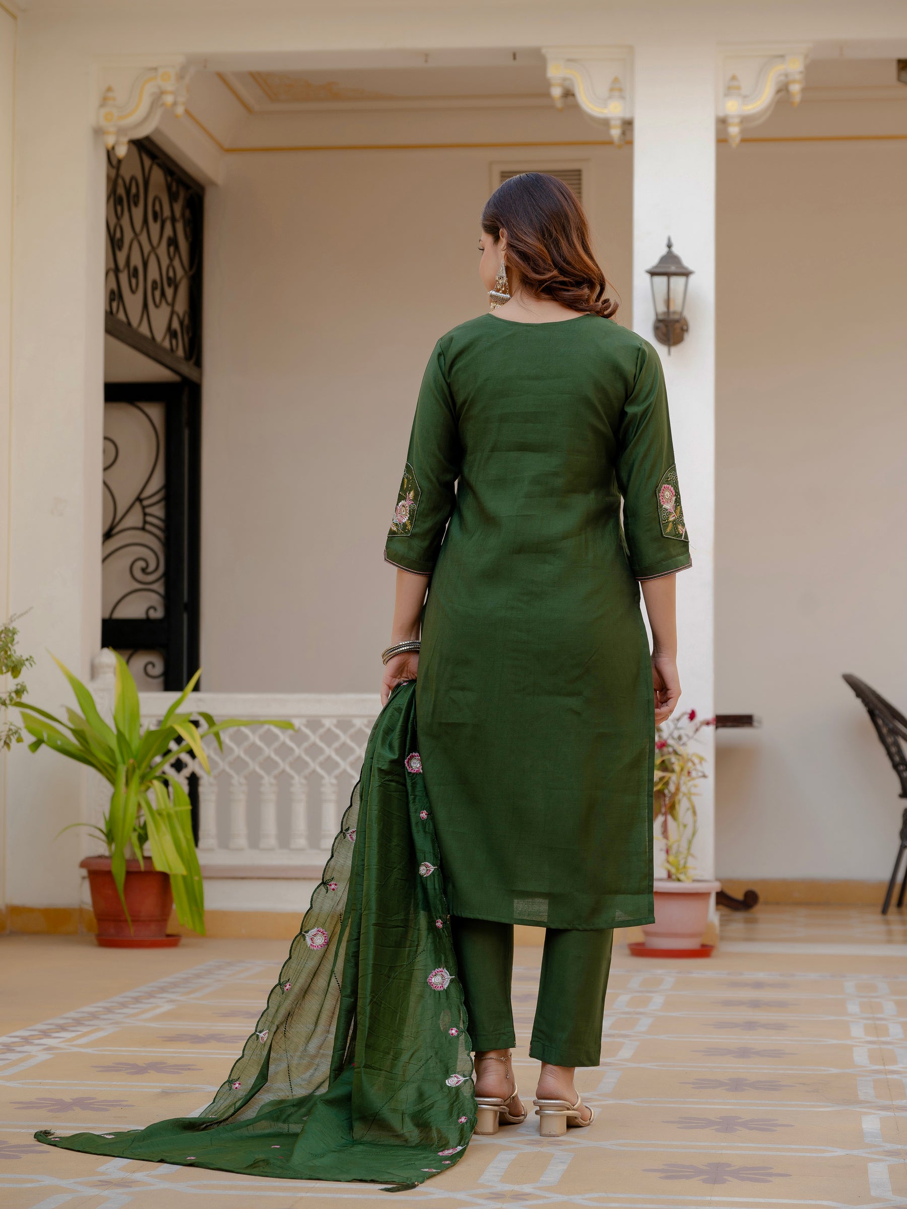 Lorenvalley Fashion Green Viscose Mango Silk Multi Embroidery Sequins With Hand Work Kurta Pant Dupatta