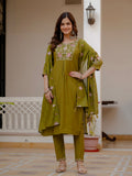 Lorenvalley Fashion Mehendi Viscose Mango Silk Multi Embroidery Sequins With Hand Work Kurta Pant Dupatta