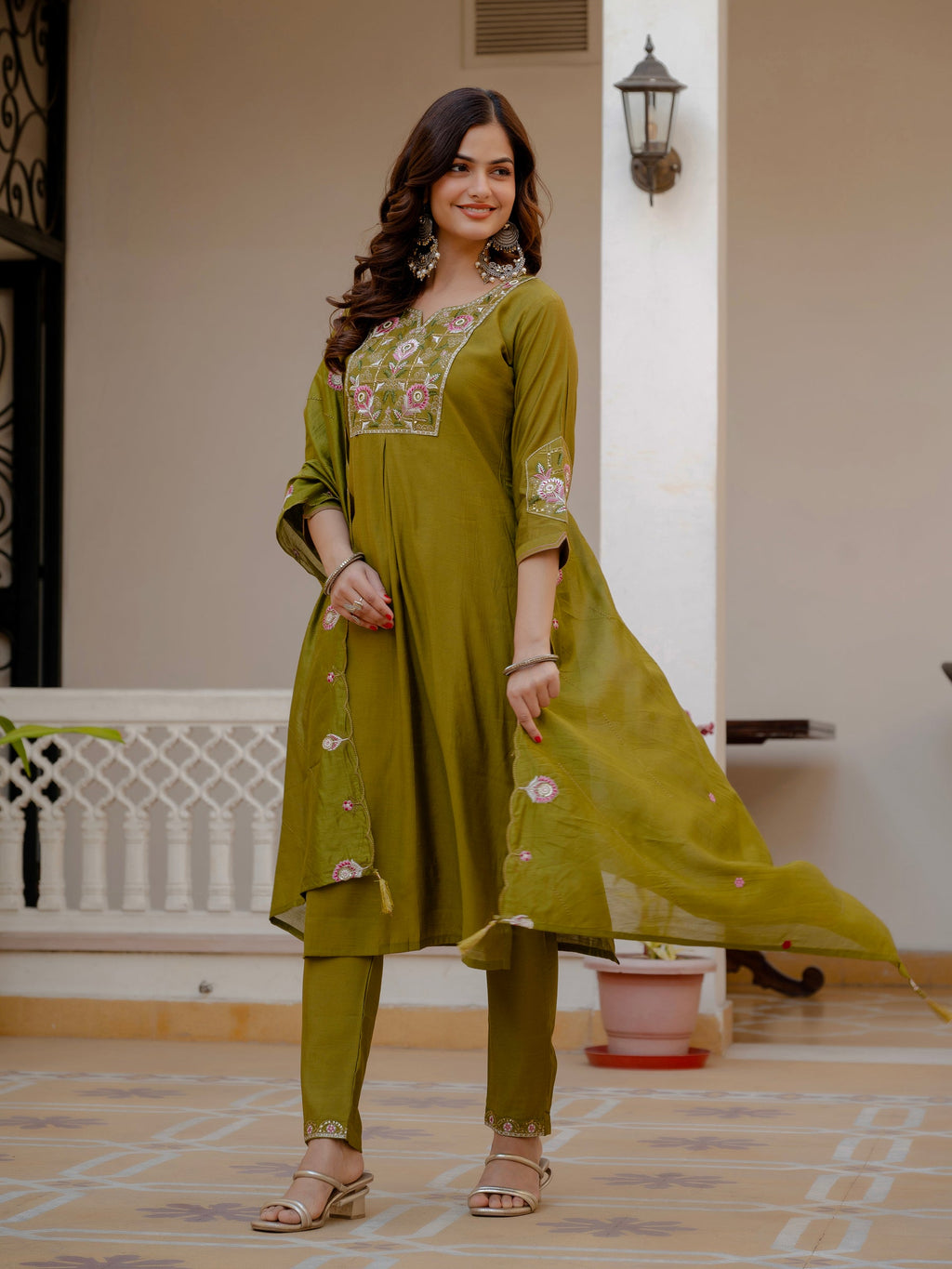 Lorenvalley Fashion Mehendi Viscose Mango Silk Multi Embroidery Sequins With Hand Work Kurta Pant Dupatta