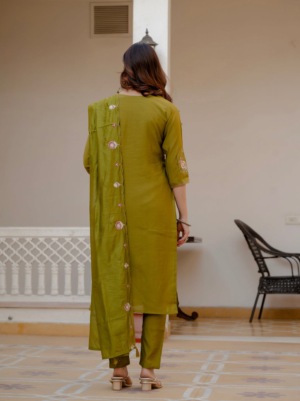 Lorenvalley Fashion Mehendi Viscose Mango Silk Multi Embroidery Sequins With Hand Work Kurta Pant Dupatta