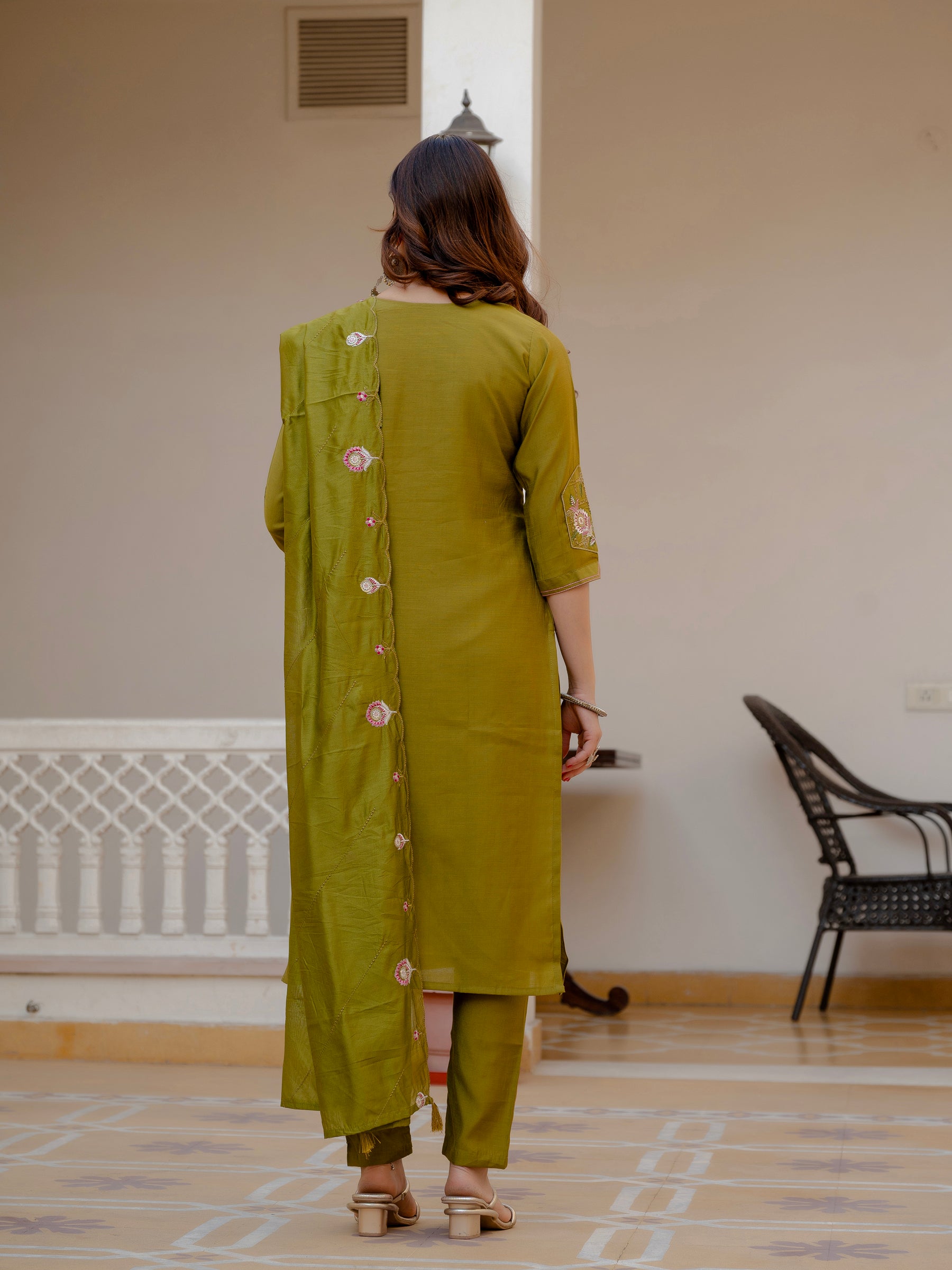 Lorenvalley Fashion Mehendi Viscose Mango Silk Multi Embroidery Sequins With Hand Work Kurta Pant Dupatta