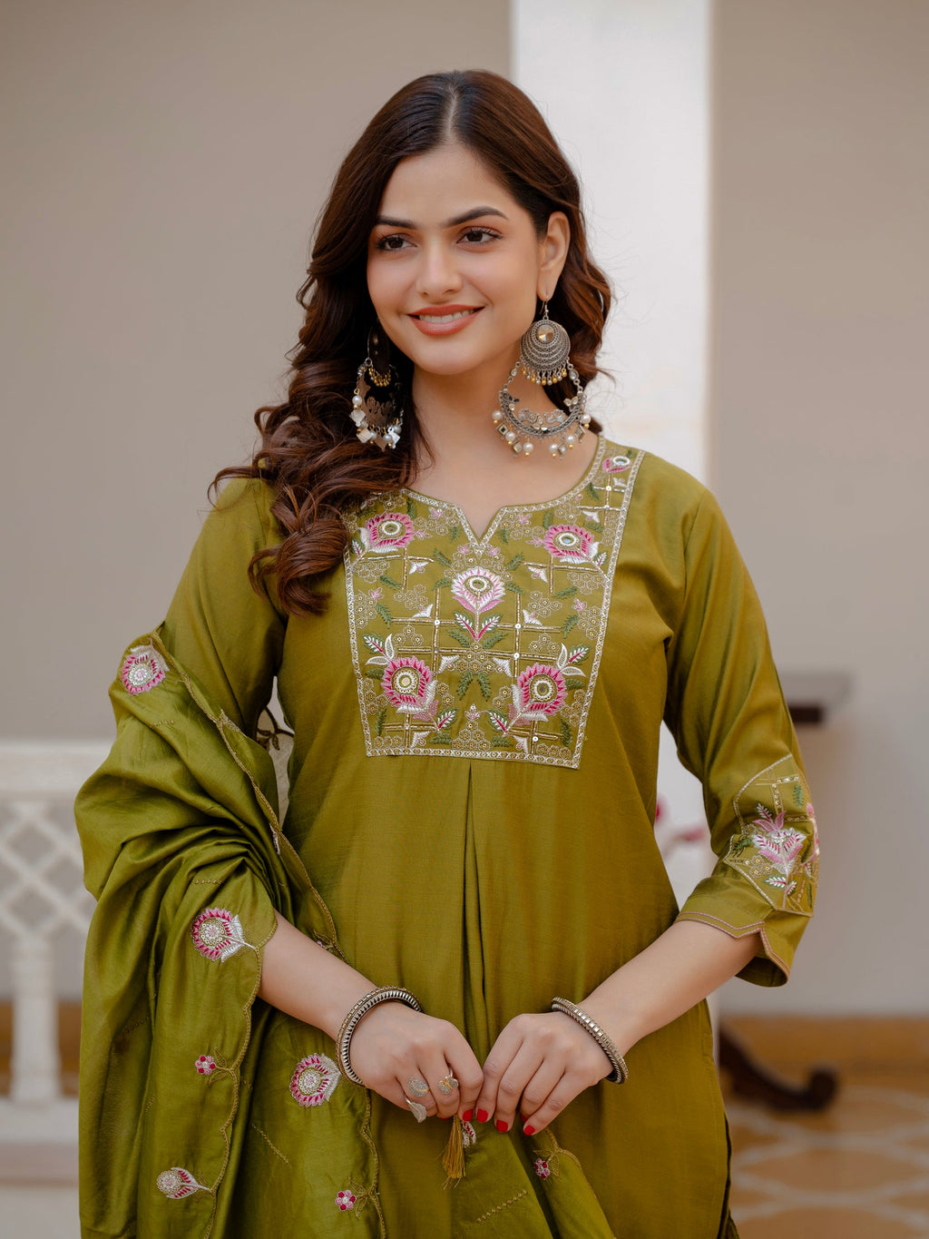 Lorenvalley Fashion Mehendi Viscose Mango Silk Multi Embroidery Sequins With Hand Work Kurta Pant Dupatta